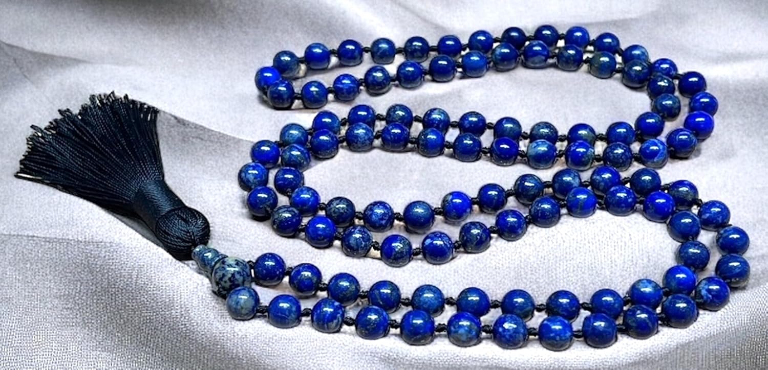 Hand Knotted 8mm Lapis Lazuli Mala Beads Necklace, Third Eye & Throat Chakra Healing, Intuition & Communication, Natural Undyed
