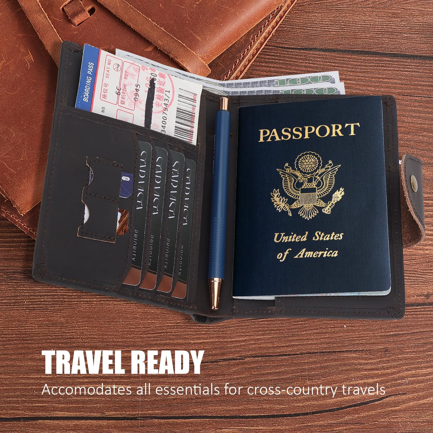 STAR VISTA Carmen Leather Passport Wallet, Dual Bifold Cash Pockets, RFID Blocking, ID Window, 6 Card Slots, Coin Pocket, SIM Slots, AirTag Slots, Dark Brown
