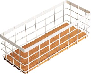 TIEYIPIN Small Metal Wire Storage Basket, Detachable Wood Base Storage Organizer Bin Basket for Kitchen Cabinets, Bathroom, Pantry, Garage, Laundry Room - Cream White