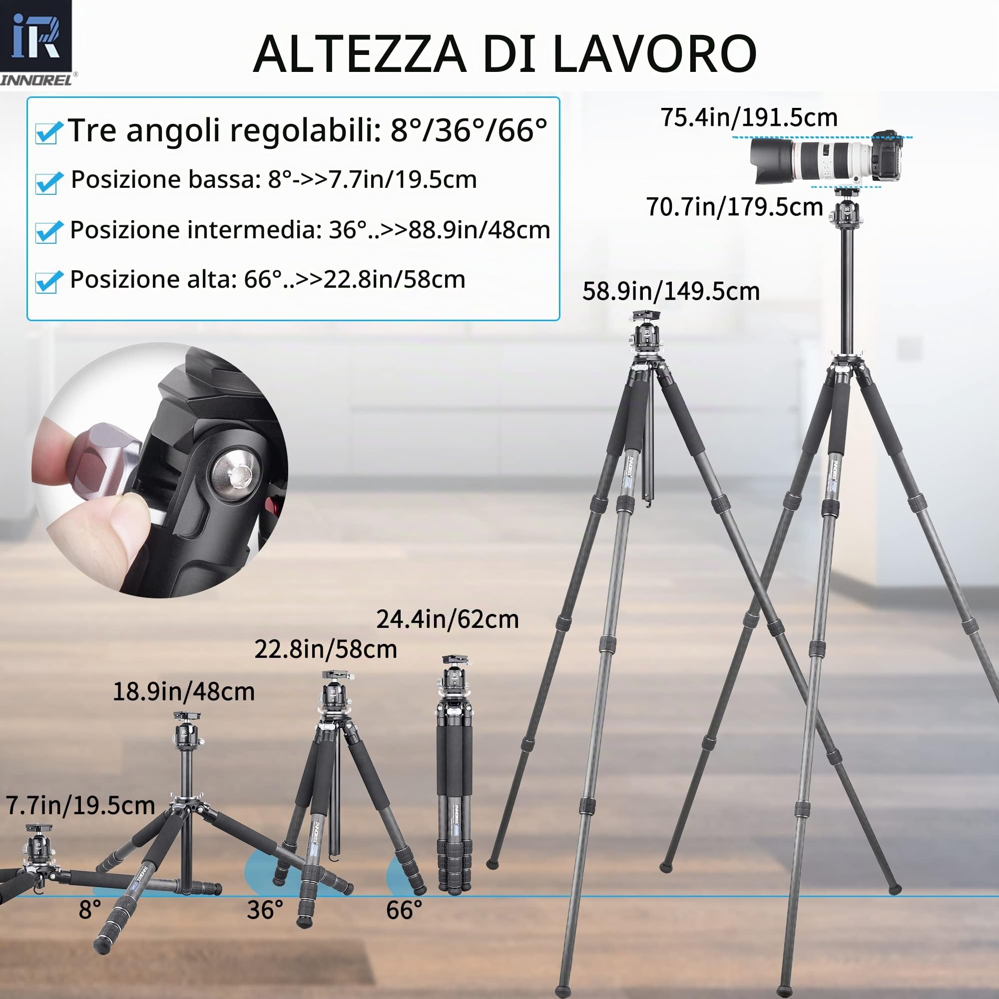 Treppiede in fibra di carbonio-INNOREL GT324C Treppiede compatto professionale per fotocamera DSLR con testa a sfera centrale a bassa gravità e colonna centrale a forma speciale Carico massimo 25 kg