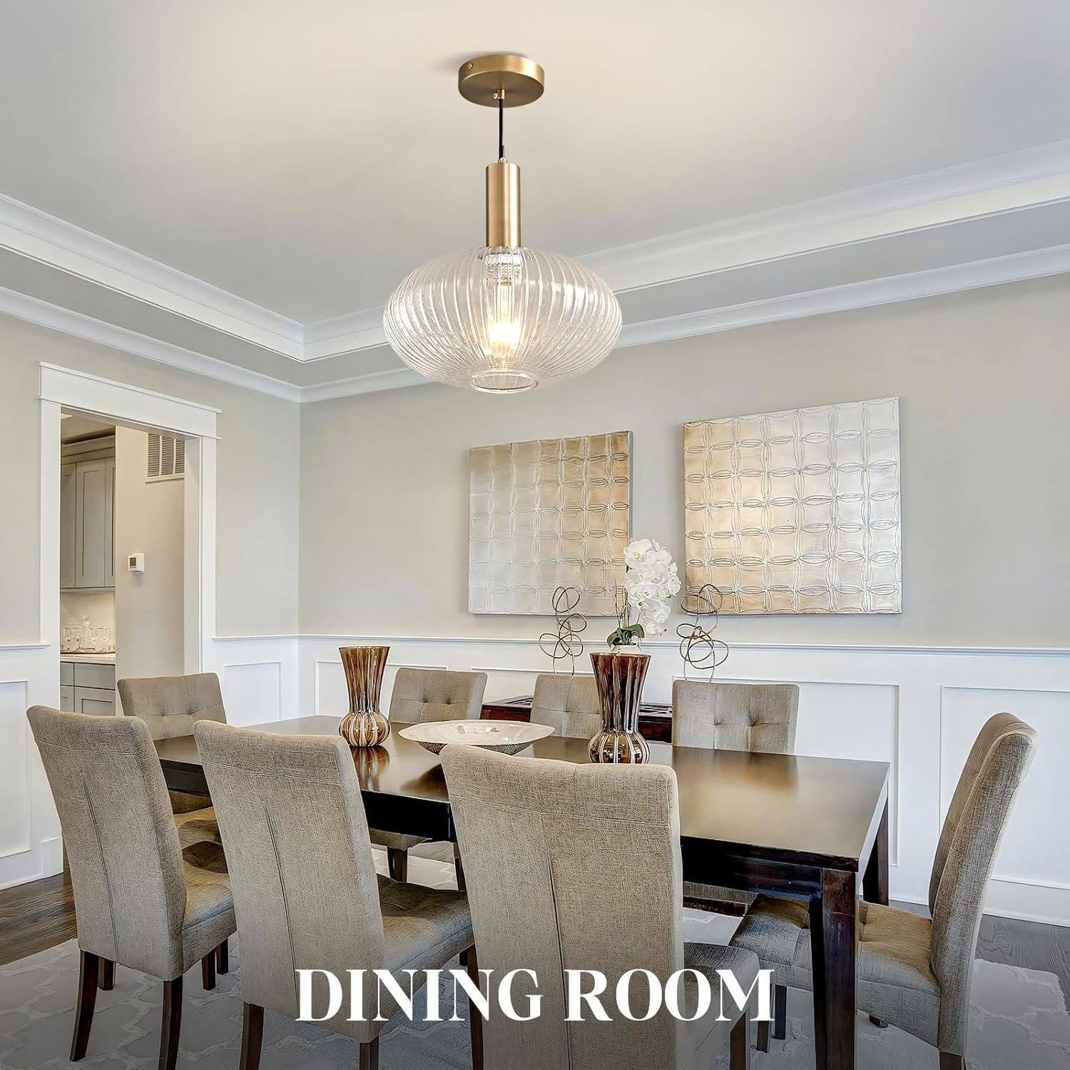 Mid Century Modern Clear Glass Pendant Light, 1-Light Ribbed Chandelier for Kitchen Island & Dining Room, Brushed Gold Ceiling Lamp, Hanging Pendant Light Fixture