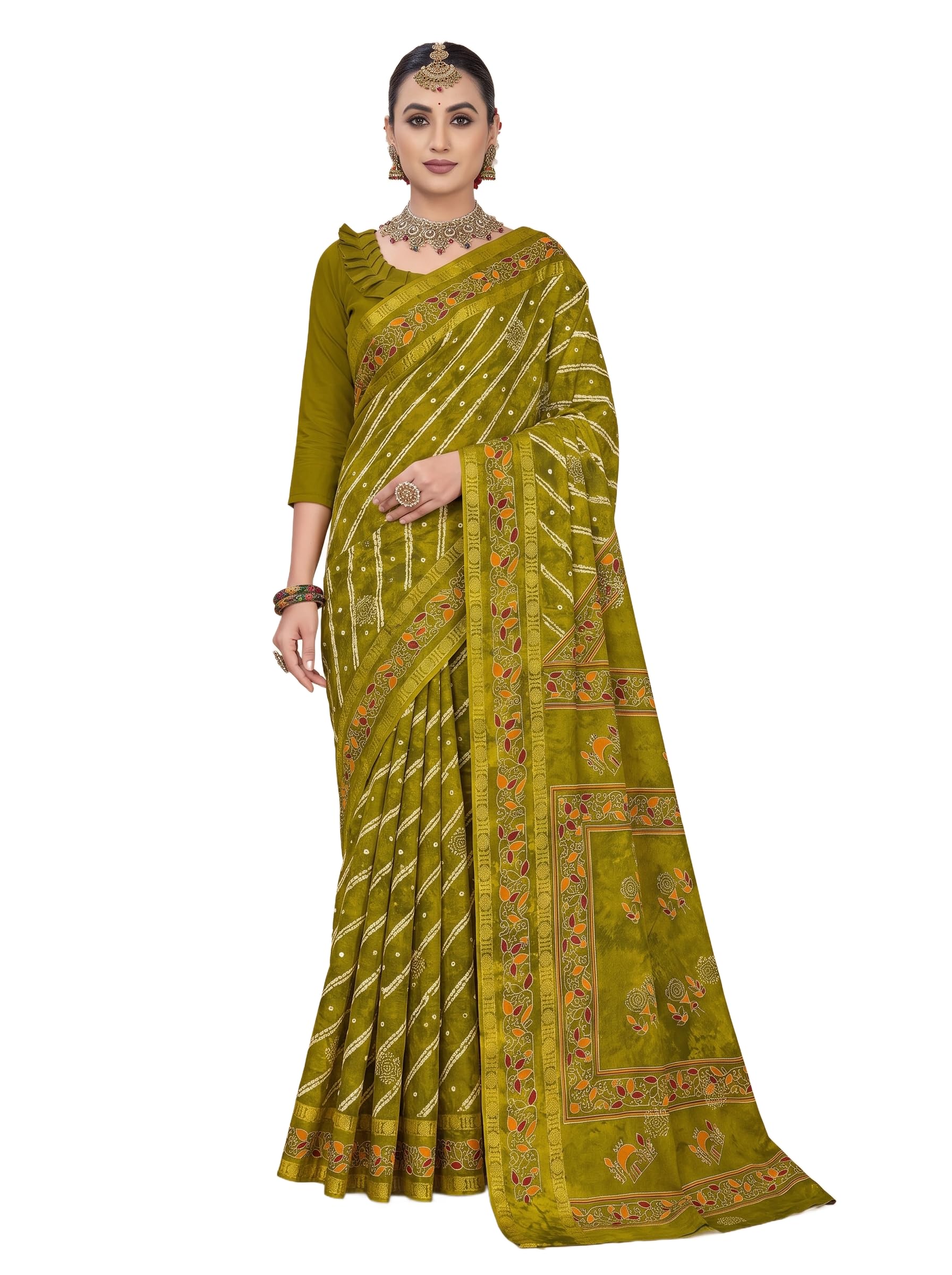 A beautifully draped pure malai cotton saree featuring traditional tie-dye prints and a matching blouse piece, perfect for festive gatherings.-picture-17