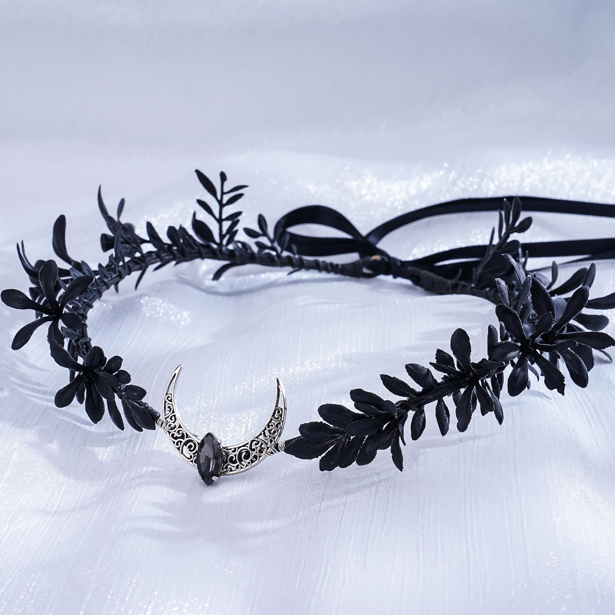 MOSTORY Black Elf Crown Headband for Women Gothic Flower Crown Headpiece for Renfaire Party Photo Shoots Moon Elf Tiara for Halloween Cosplay - Image 3