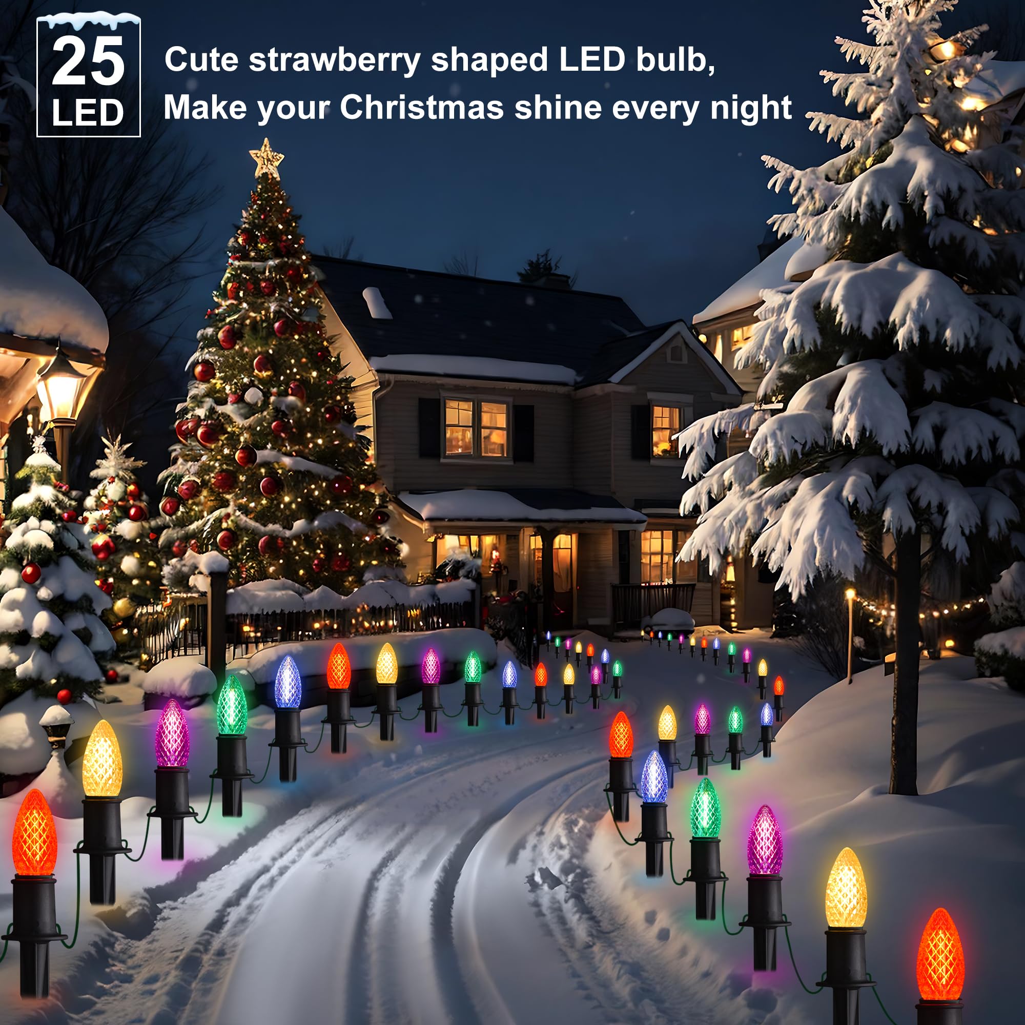 Luces de camino de Navidad C9 para exteriores, 29 pies, 25 luces LED con 25 estacas de marcador para pasarela, enchufe impermeable, luz de Navidad C9 al aire libre para entrada, patio 7