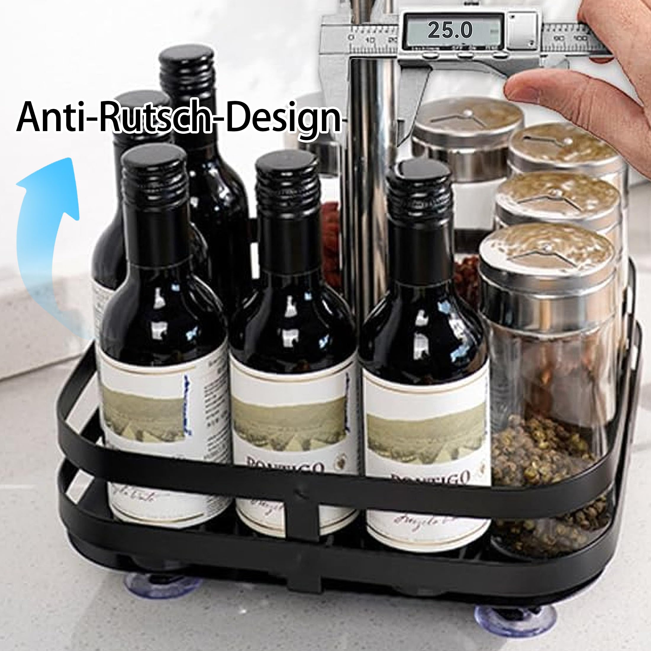 Drehbarer Organizer 2 Etagen Schwarz Küchenregal Stehend 360° Küchengewürzen Küchenregal Arbeitsplatte Eckregal Küche Gewürzregal Stehend Ohne Bohren Lazy Susan Bohren für Gewürzgläser, Kosmetik(W01)