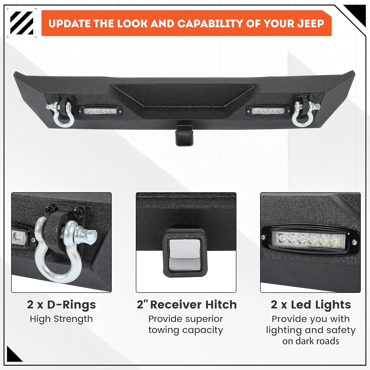 ECOTRIC Rear Bumper Compatible With 1987-2006 Jeep Wrangler YJ TJ w/ 2 LED Lights & 2" Hitch Receiver D Rings Steel Rear Bumper