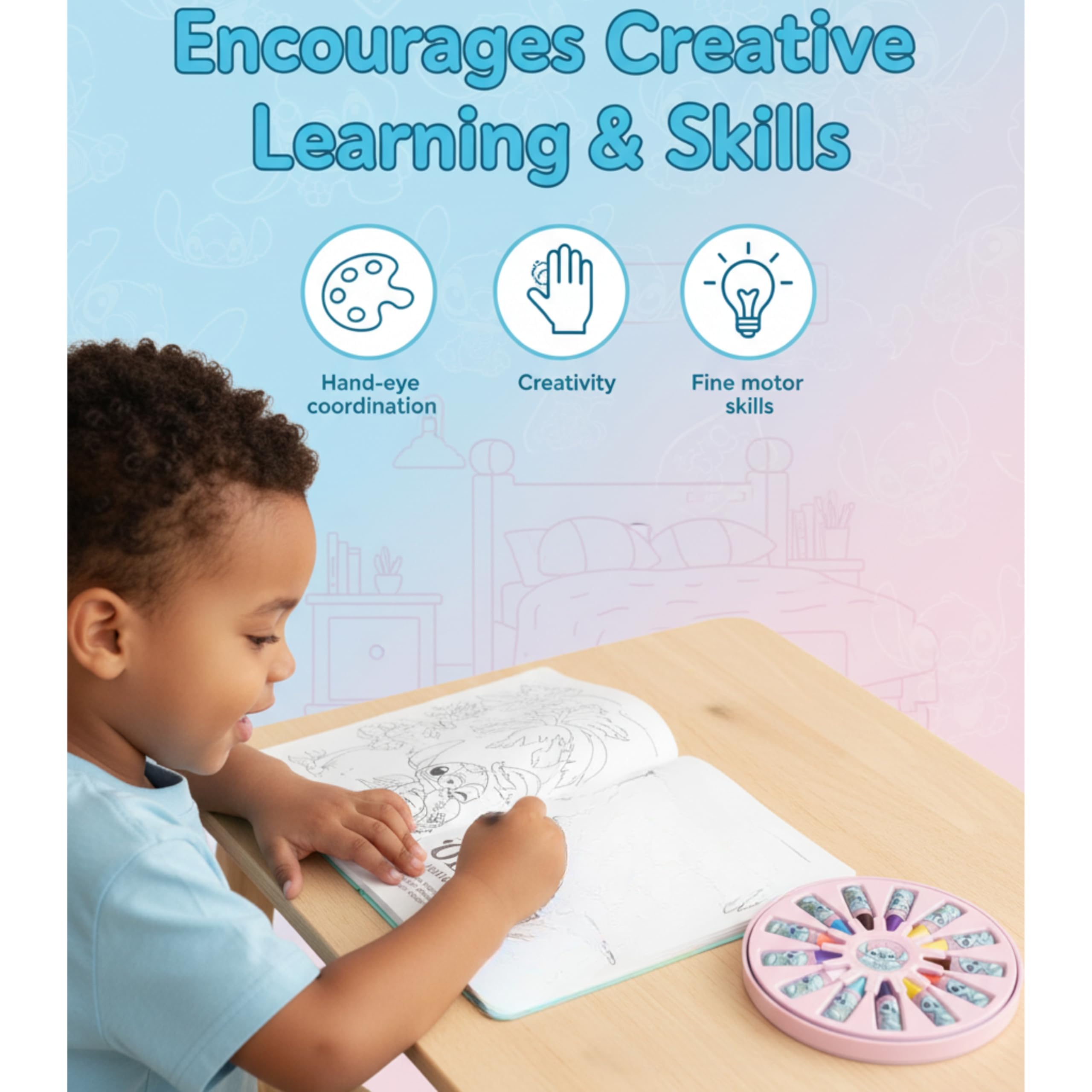 Disney Stitch Kids A4 Notebook with 12 Mini Crayons, Colouring & Drawing Set for Boys & Girls, Travel Activity Kit - Image 3