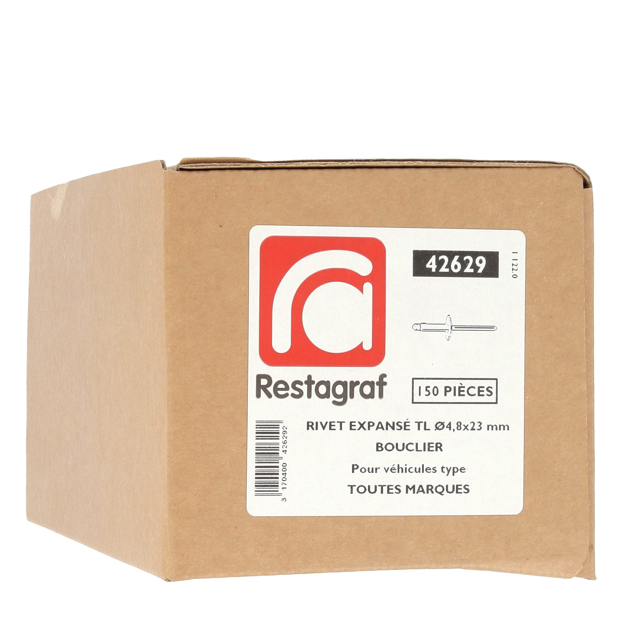 Restagraf - Rivet Expansé Tête Large Aluminium - Compatible avec Citroën, Fiat, Mitsubishi, Nissan, Opel, Peugeot, Renault, Smart - Diamètre 4,8 mm - Longueur 20,5 mm - Réf. 42629 - Boîte de 150