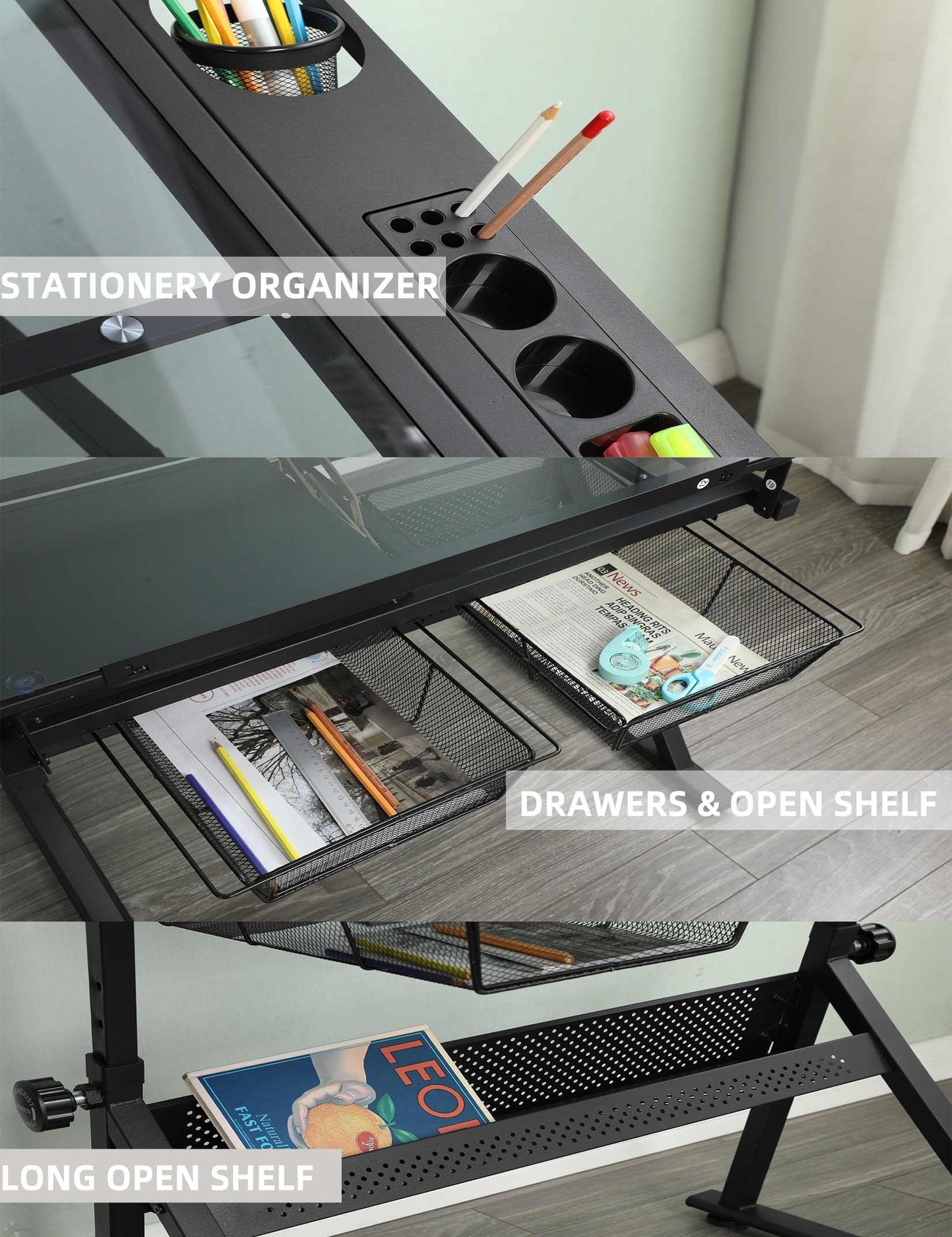 Garvee Professioneller Zeichentisch aus Glas, Höhen- & Neigungsverstellbarer Zeichentisch mit Stahlrahmen und Hocker, Glastisch für Künstler, Architekten & Designer, Schwarz