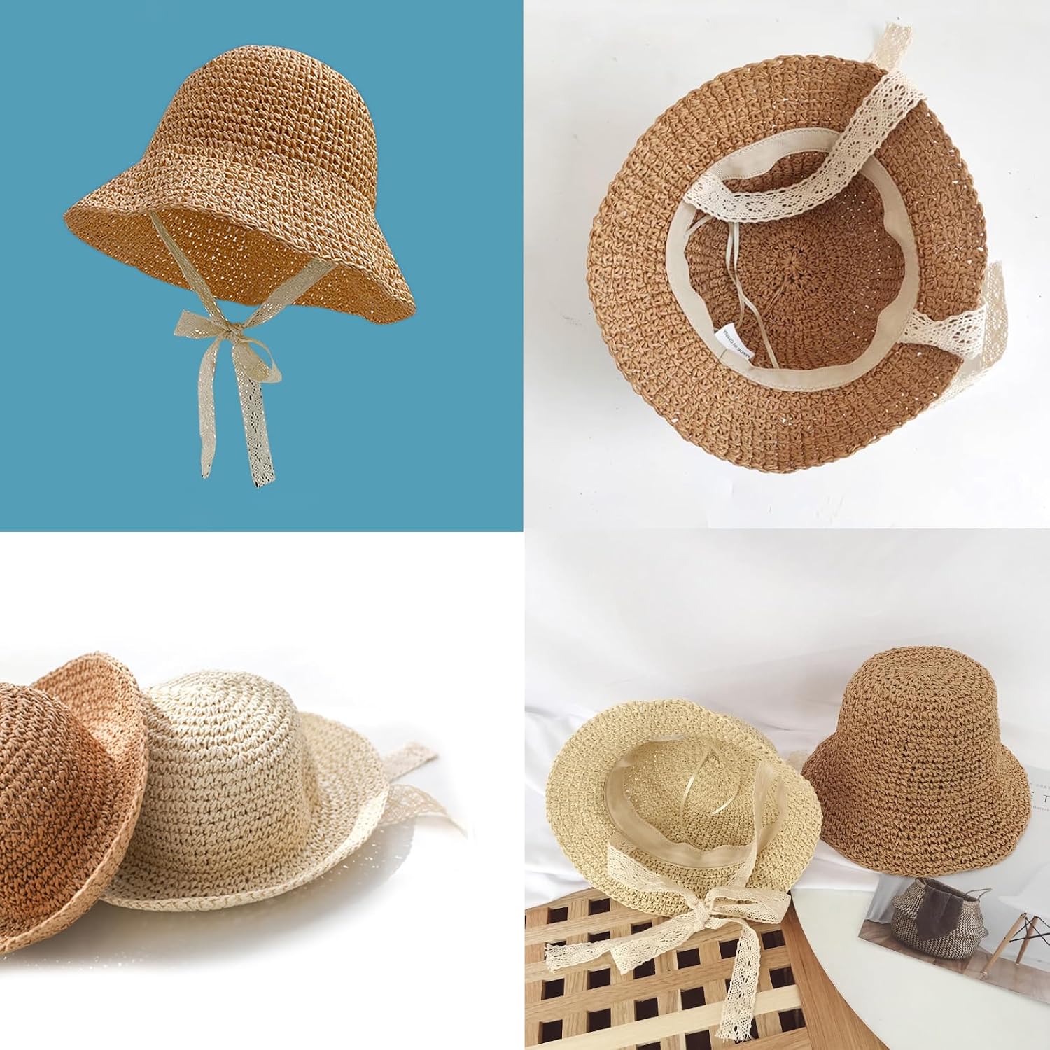 Toddler Girls Straw Sun Hat Foldable Beach Hat Roll up Panama Cap with Lace Chin Strap for Kid 2-6Year