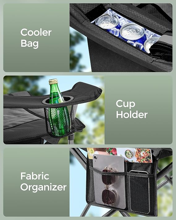 SONGMICS Oversized Camping Chair 450 lb Capacity, Heavy-Duty Outdoor Folding Lawn Chair with Cup Holder & Cooler Bag, Padded, Glamping, Ink Black UGCB066B01