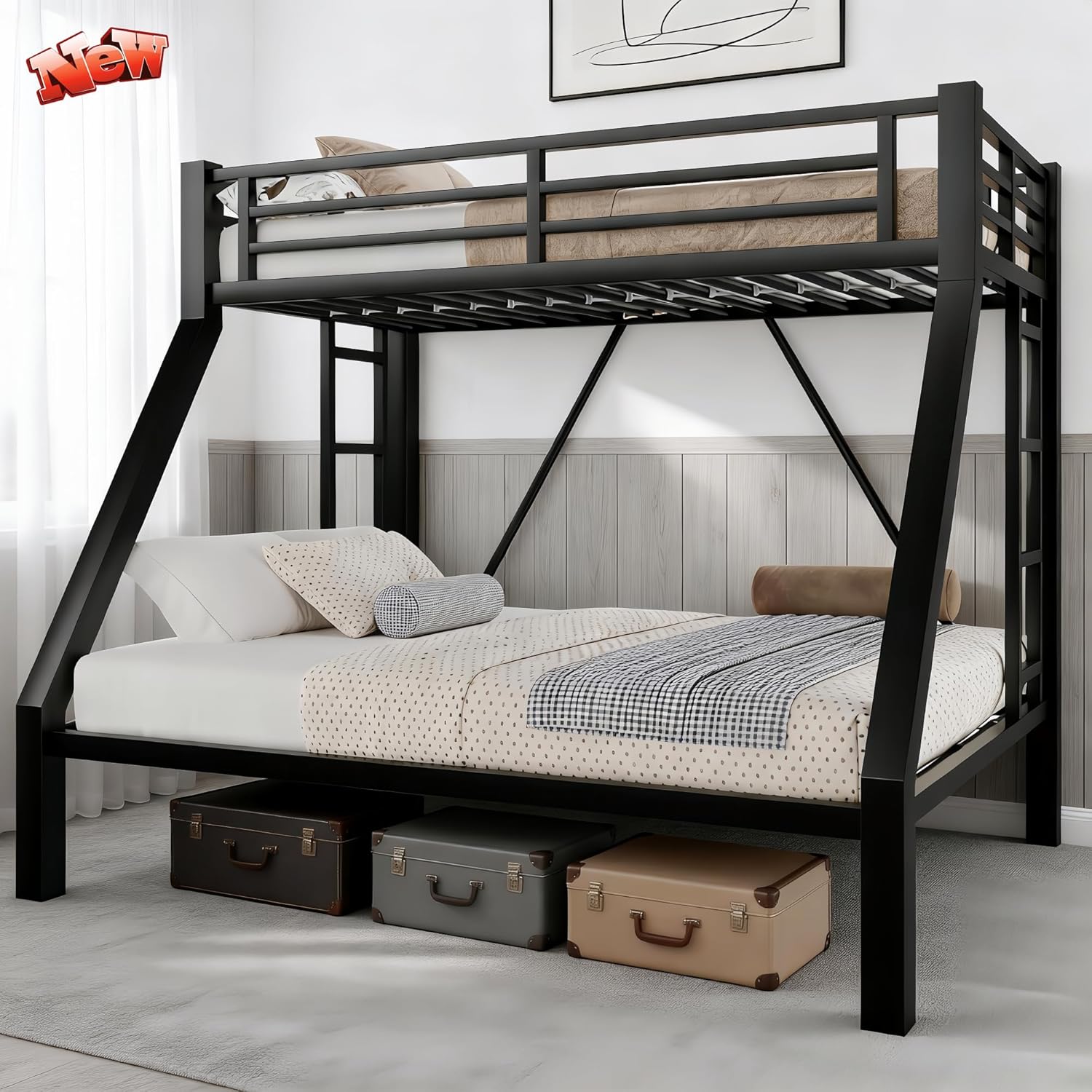 Heavy-Duty Metal Twin XL Over Queen Bunk Bed with 2 Ladders,Higher Quality Metal Bunk Bed Queen Size for Boys Girls Teens Adults,No Box Spring Needed,Weight Capacity 600LBS (Black)