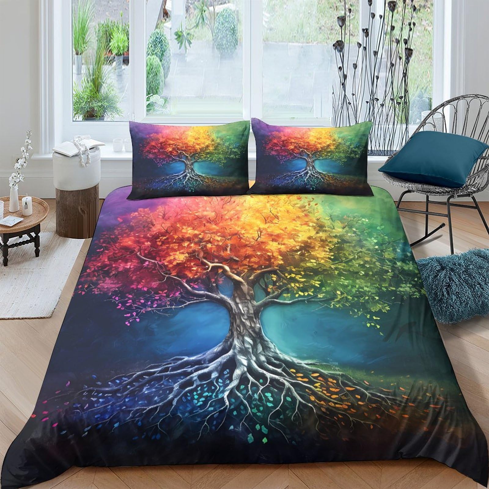 Ctjqhvkz Style-9 3D Printed Rainbow Tree Fitted Sheet Microfiber Soft Colorful Roots Mattress Cover For Bedroom Dorm Bed Protection Decor Single（135X200cm）