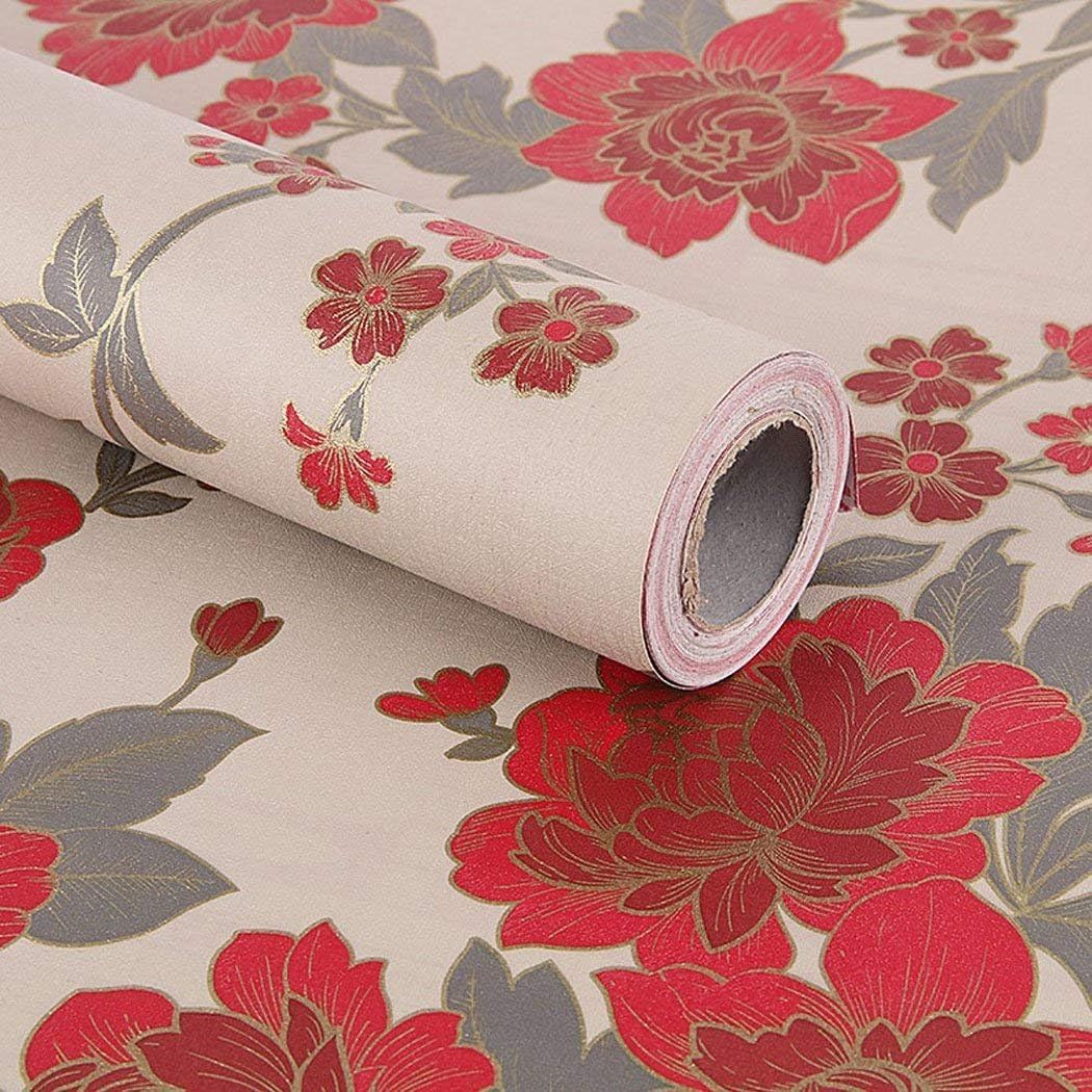 GLOW4URed Vintage Floral Pattern Contact Paper Shelf Liner Self Adhesive for Cabinets Shelves Drawer Arts and Crafts Decal 45cm x 2m