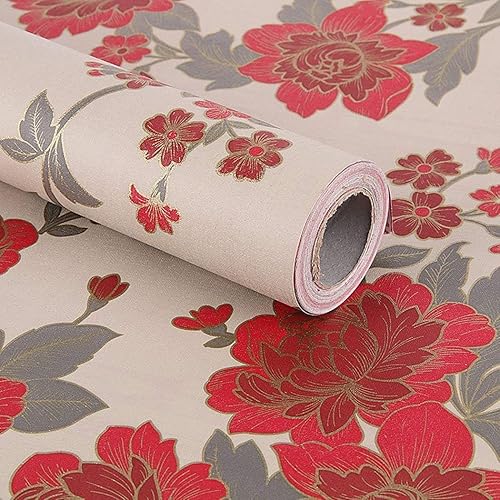 Revestimiento de papel de contacto con patrón floral vintage rojo autoadhesivo para armarios, estantes, cajones, artes y manualidades, 17.7 x 78.7