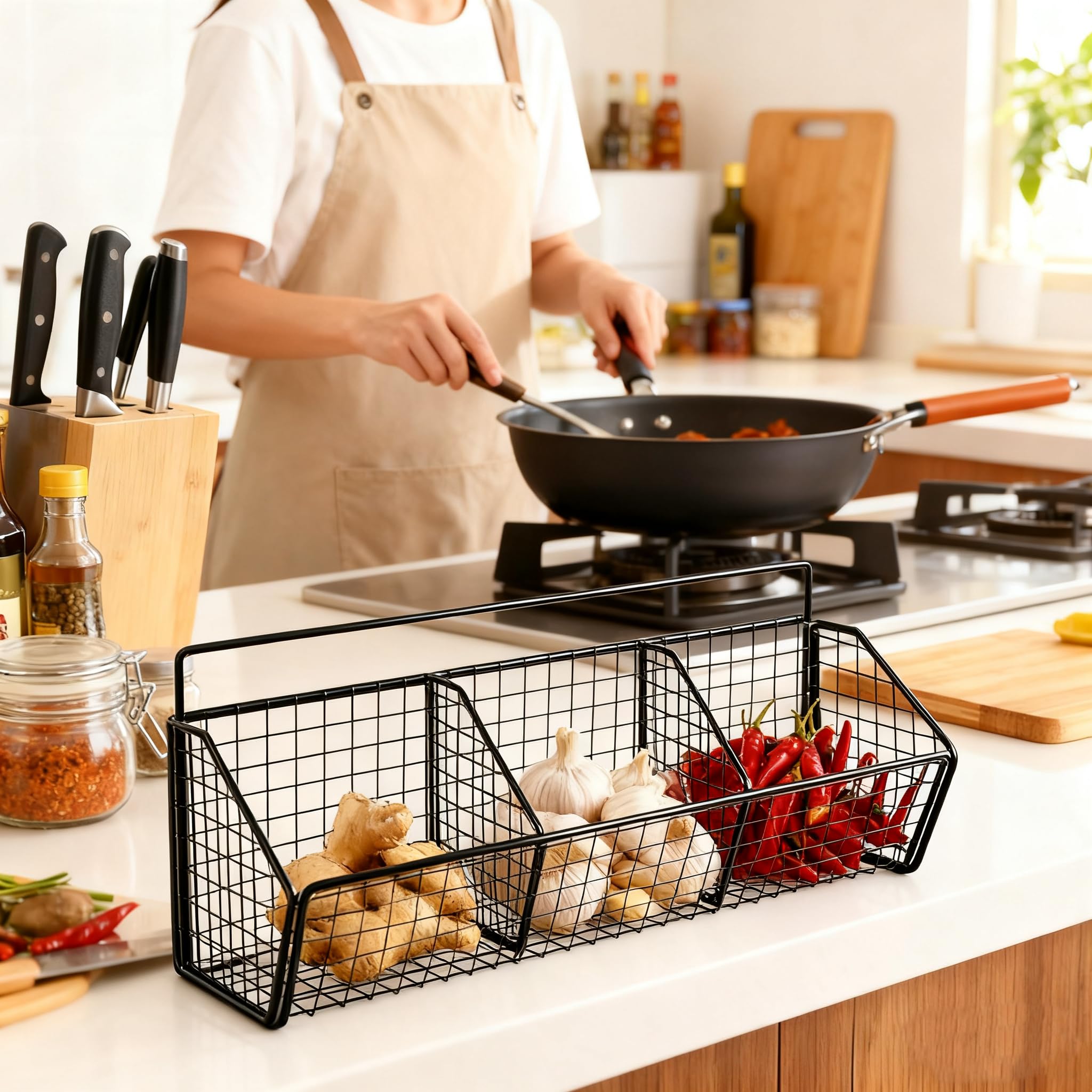 Cestini da parete in metallo, set da 2 pezzi con 3 scomparti, per conservare le verdure, cestino in metallo da appendere senza forare, cestino sospeso da cucina e cucina, organizer per cipolle