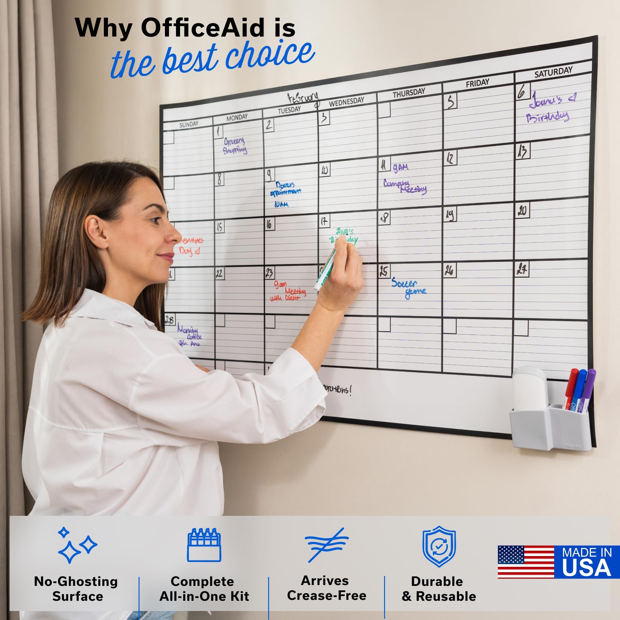 Calendario da parete laminato medio e grande, cancellabile a secco, 61 x 91 cm x 91,4 cm x 121,9 cm, pellicola mai piegata e riutilizzabile, grande calendario mensile laminato cancellabile, calendario