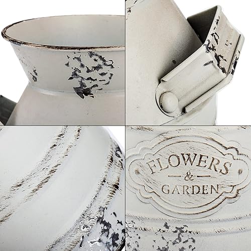 Miniatura 3 de Suwimut Paquete de 2 jarrones de metal rústico, 7.9 pulgadas, estilo Shabby Chic Vintage Farmhouse White Jarrón, Jarrón de leche galvanizado rústico
