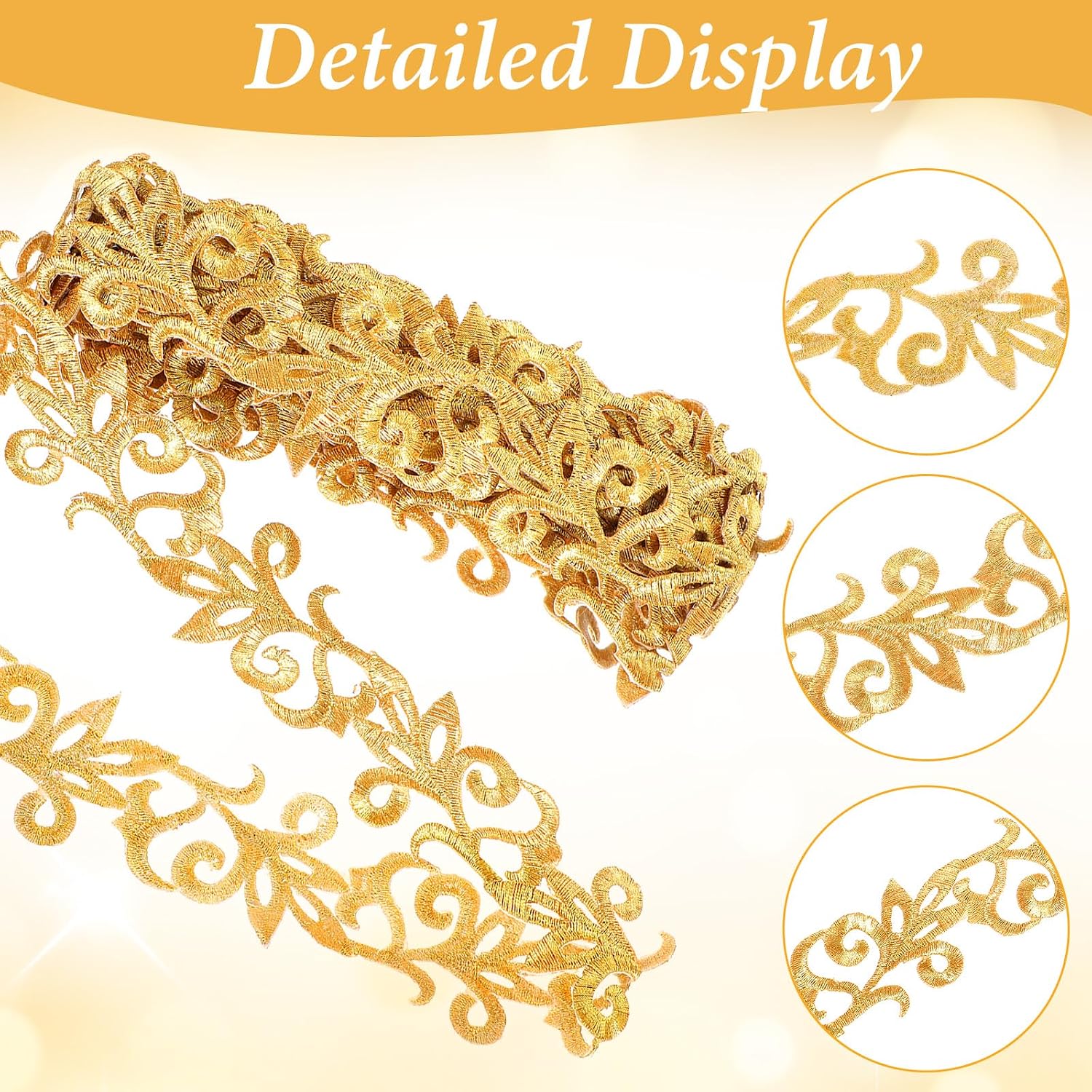 4.37 Yards Gold Lace Trim for Sewing, Iron on Metallic Fabric Appliques Embellishments Embroidery Polyester Ribbons for Costumes Gowns Home Decor Garment Accessories
