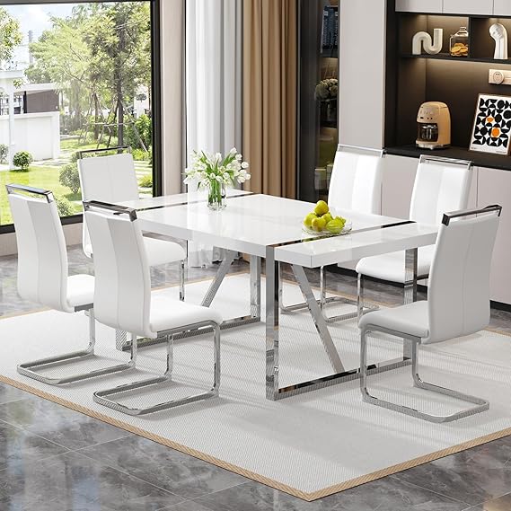 Amazon.com - White Dining Table Set for 6，Rectangular MDF Kitchen Table ...