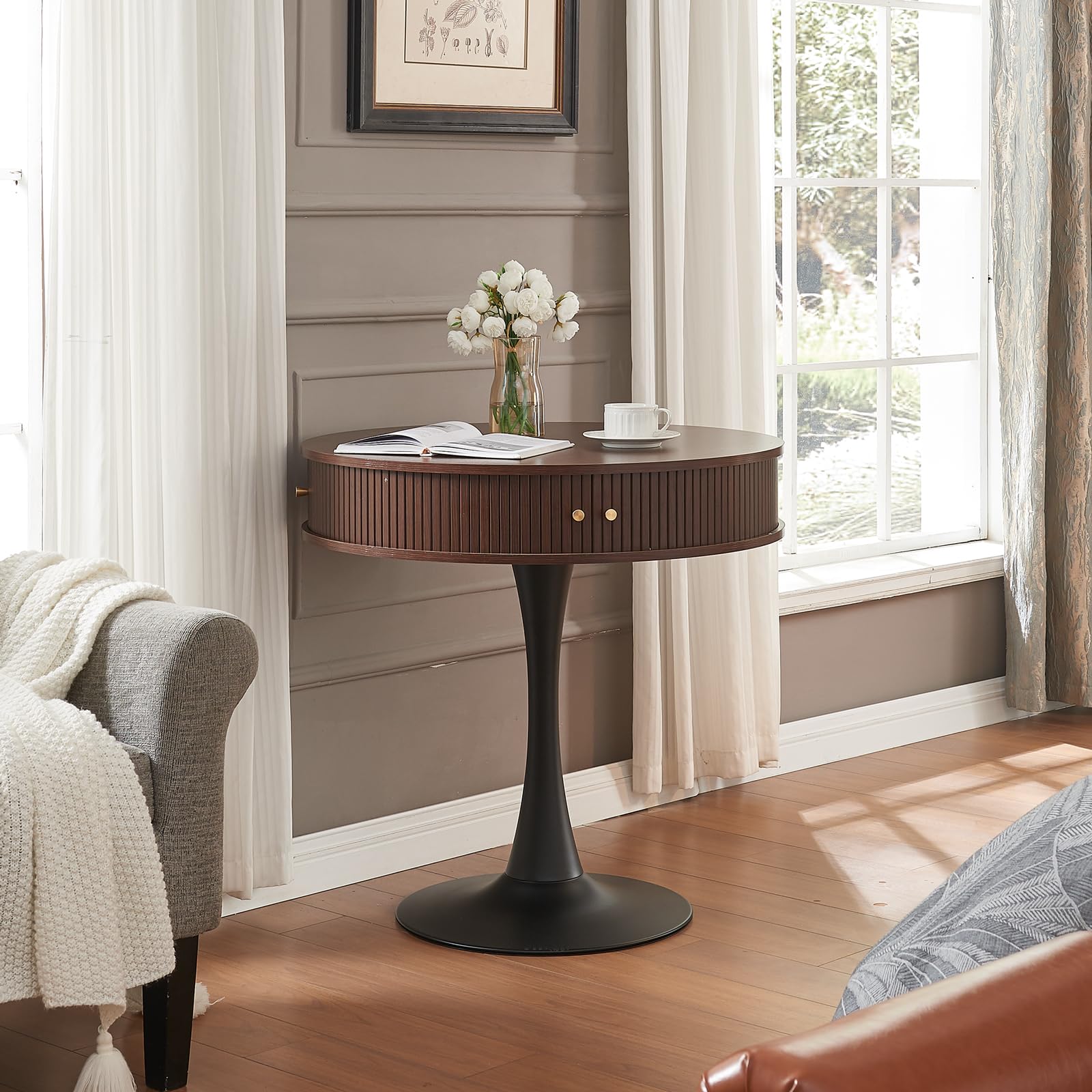 XAWXAW Walnut 31.5" Round Pedestal Table with Hidden Storage | Tulip Design Table with Sliding Doors, Faux Woodgrain Finish for Kitchen & Cafe