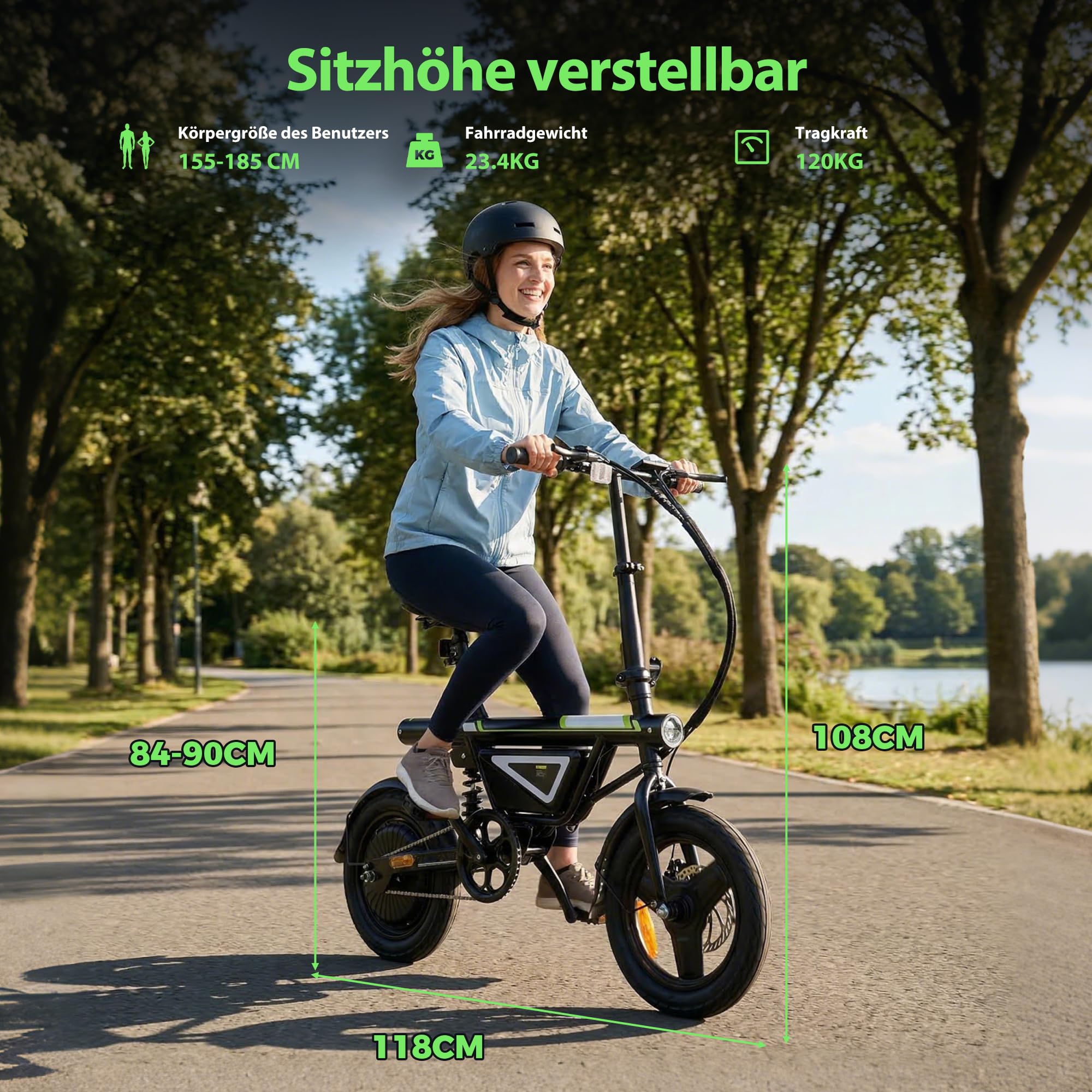 Finbike E-Bike Klapprad 14 Zoll, Pedelec Elektrofahrrad für Herren & Damen, 36V 12Ah Akku, 50KM Reichweite, 250W Motor, APP-Steuerung, Faltbares City Bike mit LED-Licht, Leicht & Kompakt für Pendler