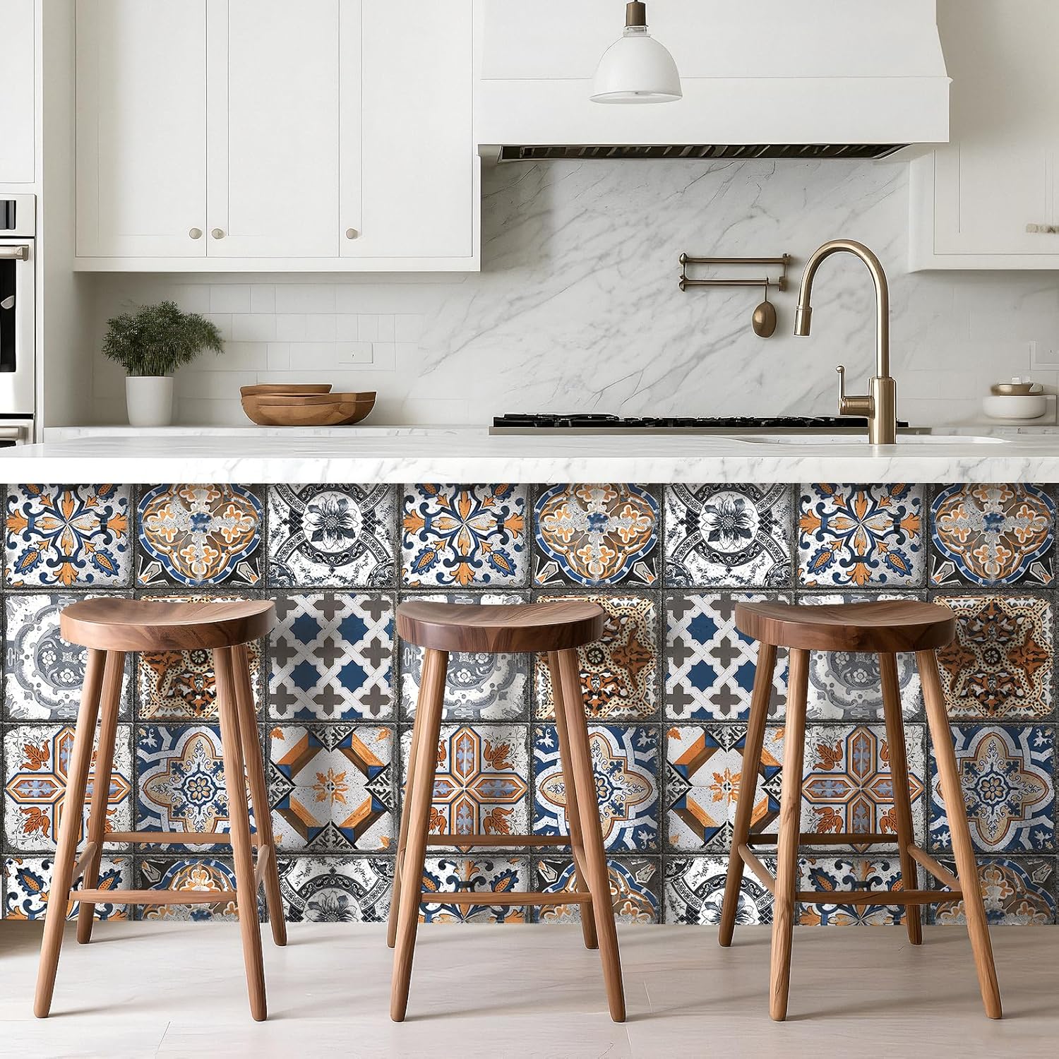 LACHEERY Kitchen Backsplash Wallpaper Boho Tile Wallpaper for Kitchen Back Splash Peel and Stick Wall Paper for Bathroom Waterproof Vintage Mediterranean Tiles Removable Contact Paper Roll 17.5"x79"
