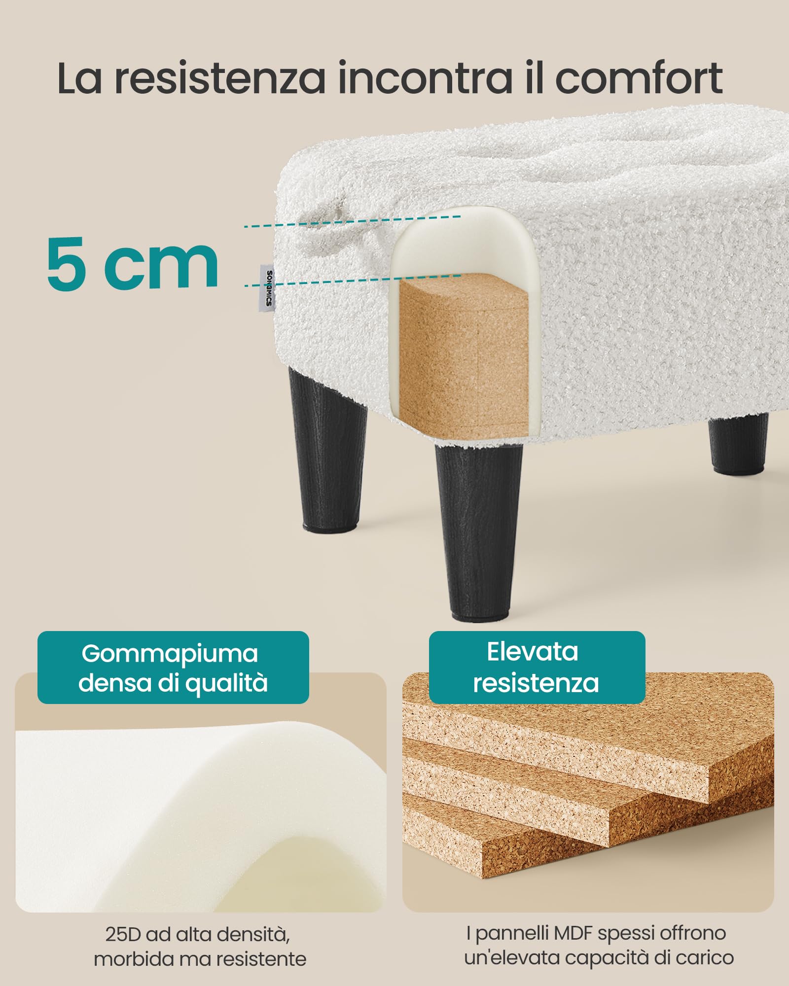 SONGMICS Sgabello Poggiapiedi, Pouf Contenitore in Tessuto Peluche, Imbottitura Spessa, Portata fino a 150 kg, per Soggiorno, Camera da Letto, Ingresso, Bianco Crema e Nero Inchiostro LOM503WD01