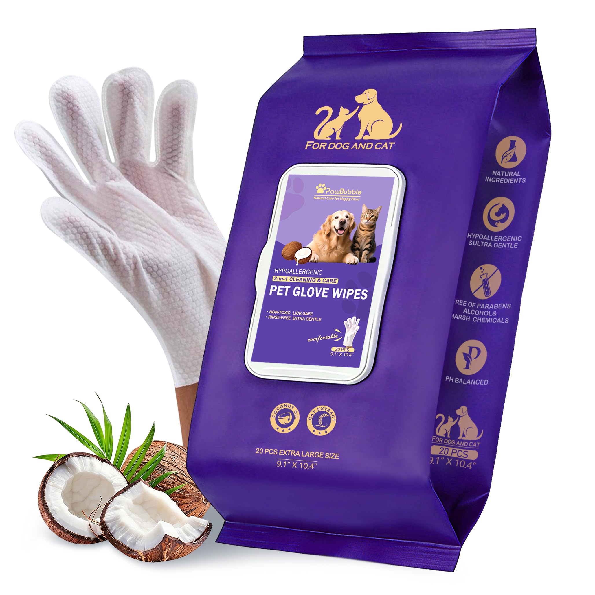 PawBubble Pet Glove Wipes, Cleaning Wipes for Full-Body Grooming (20 Count)
