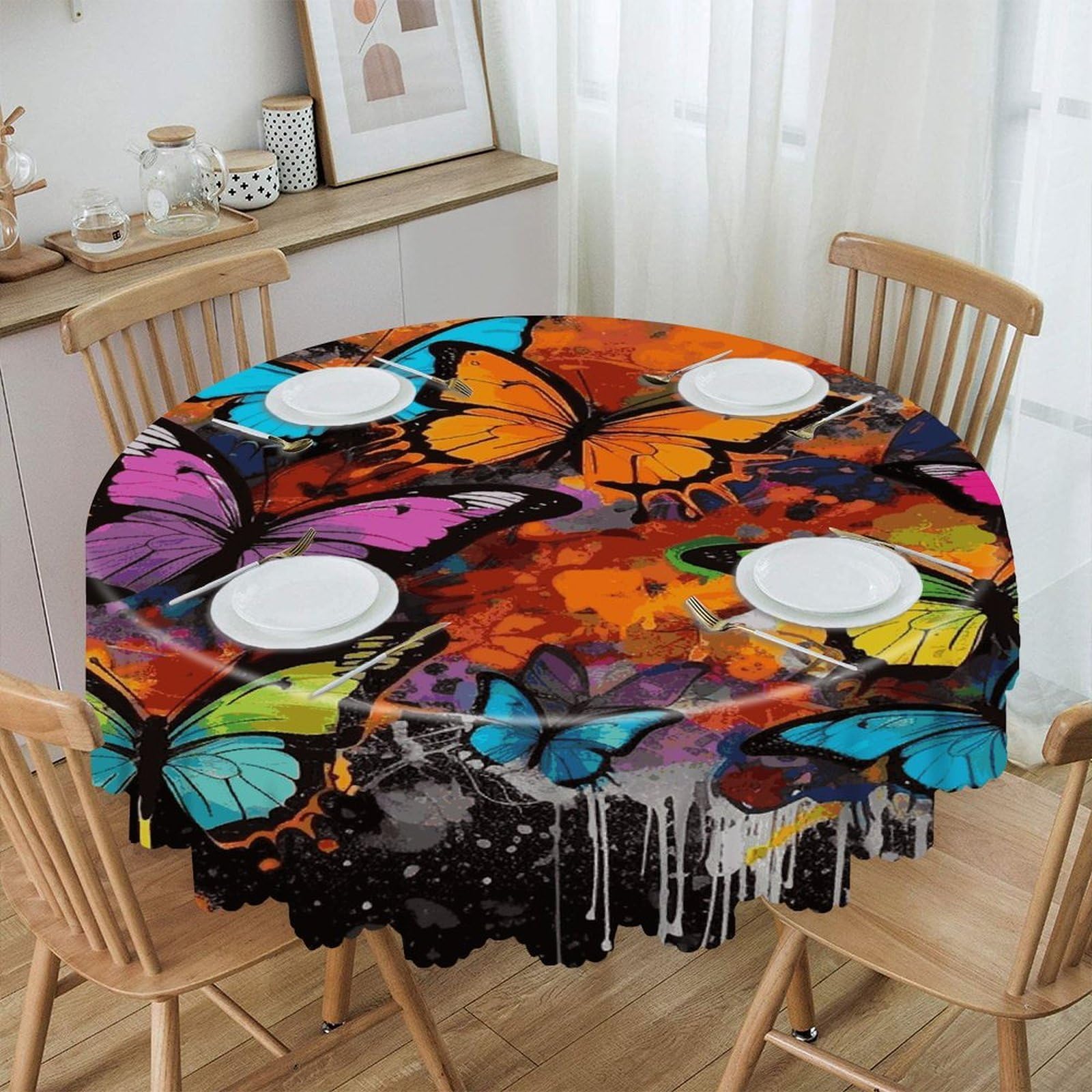 VstaDank Art Graffiti Butterflies Print Round Tablecloth 60 Inch Easy to Clean Circle Table Cover Thick Decorative Round Polyester Table Cloth for Dining Kitchen Party Farmhouse Outdoor