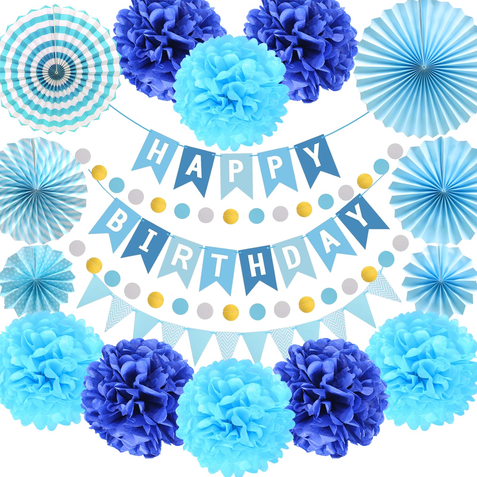 Blue Party Decoration, Blue Birthday Decoration Set, Paper Fans, Bunting, Pom Poms, Banner, for Birthday Party, Graduations Wedding, Happy New Years Déco 18 Pcs