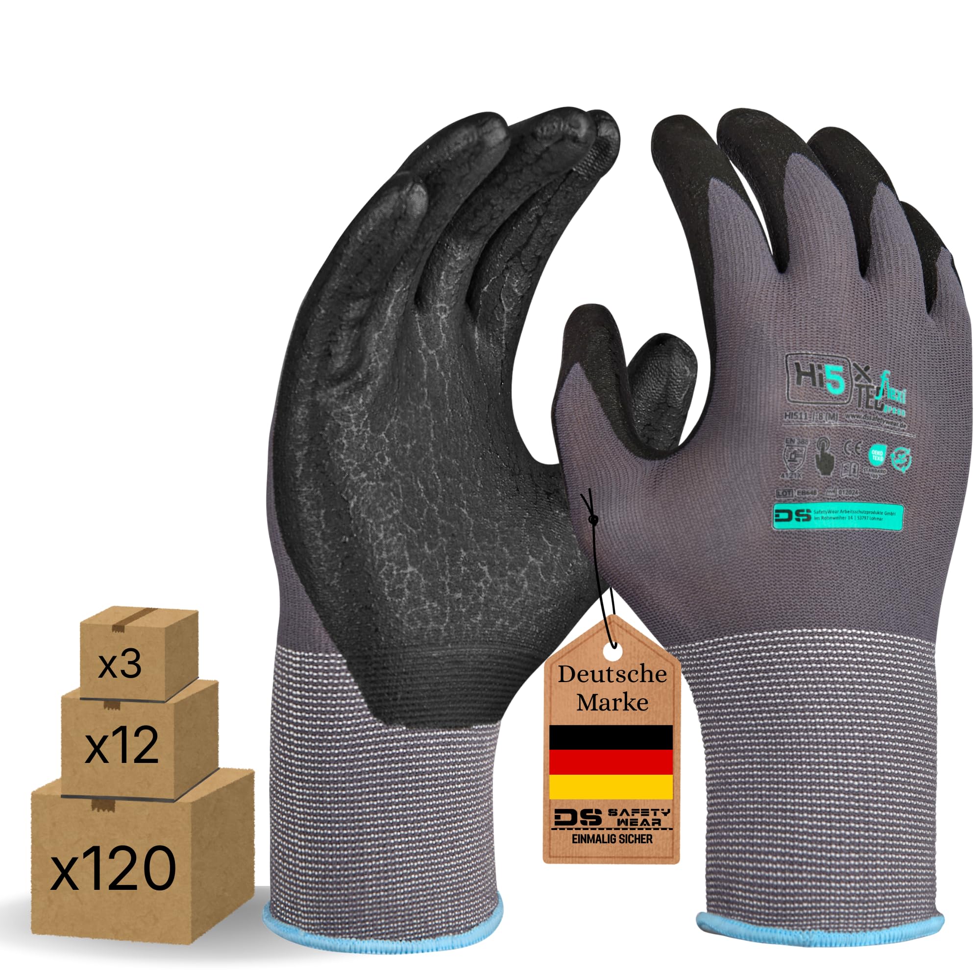Hi5 DS SafetyWear X-FlexiTec Arbeitshandschuhe 4121X – 15G Nylon/Spandex mit nitrilmikroschaumbeschichteter Handfläche – Touchscreen geeignet – grau/schwarz – EN 388 (120, XL)