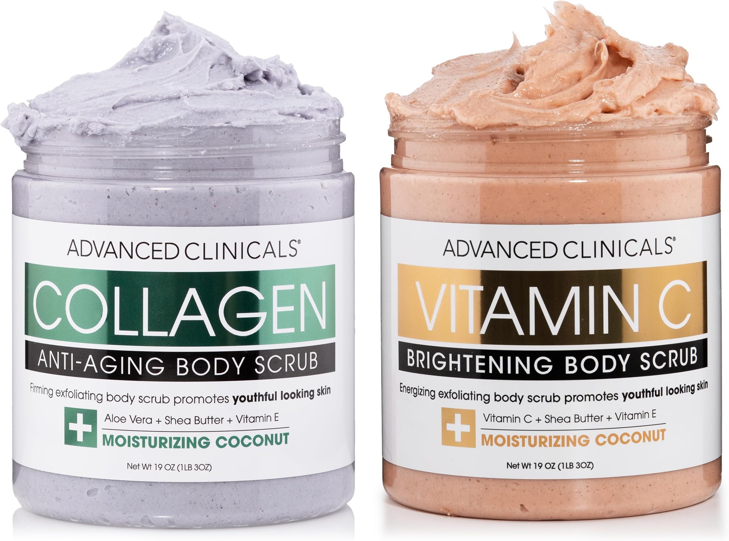 Advanced Clinicals Brightening Vitamin C + Anti Aging Collagen 2PC Exfoliating Body Scrub Skin Care Bundle | Moisturizing Acne Body Wash For Women | KP Bump Eraser Body Scrub Exfoliator, 2PC