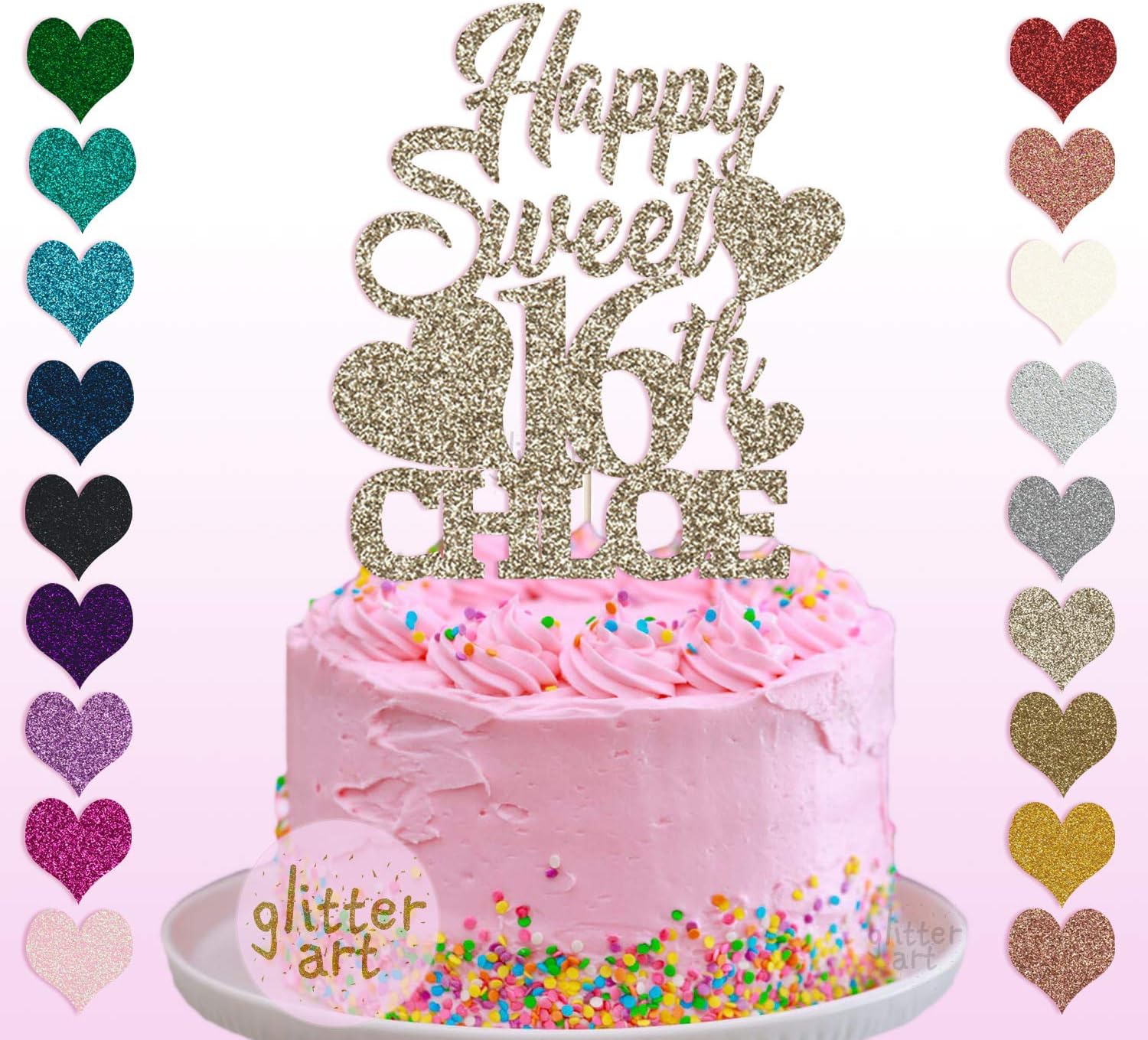 Personalised Custom Happy Sweet 16th Chloe Party Cake Topper Name Any Text (Champagne Gold)