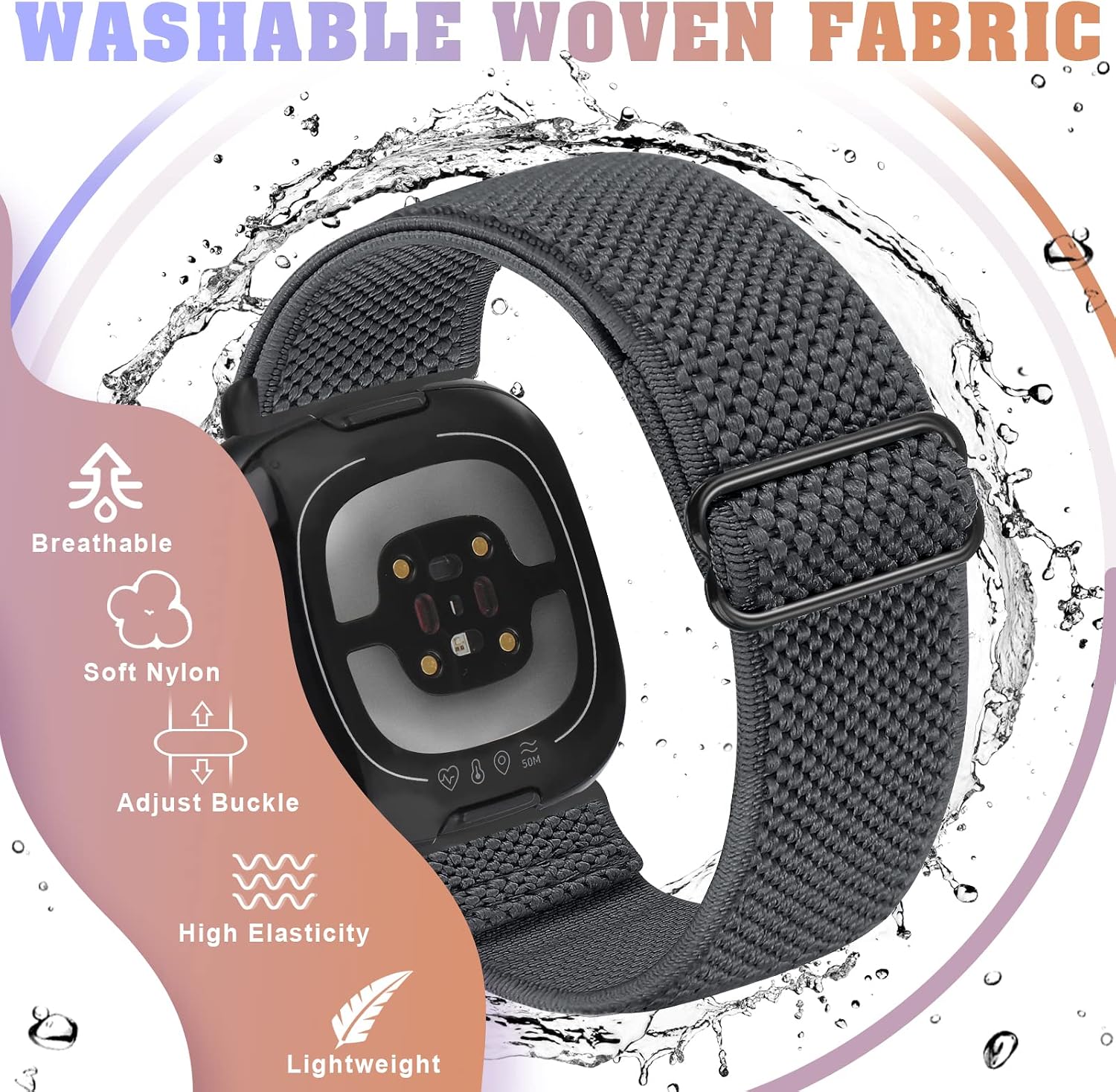 Bcuckood Compatible with Fitbit Versa 4/Versa 3/Sense 2/Sense Band Women Men, 5 Pack Elastic Nylon Soft Adjustable Stretchy Solo Loop Replacement Strap for Women Men