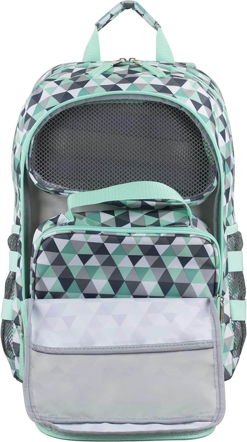 Eastsport Travel College Laptop Lunch Backpack Bookbag, Reusable Insulated Food Snack Cooler Lunchbox Set, for Work, Outdoor, Turquoise Diamonds Geometric Pastel Print