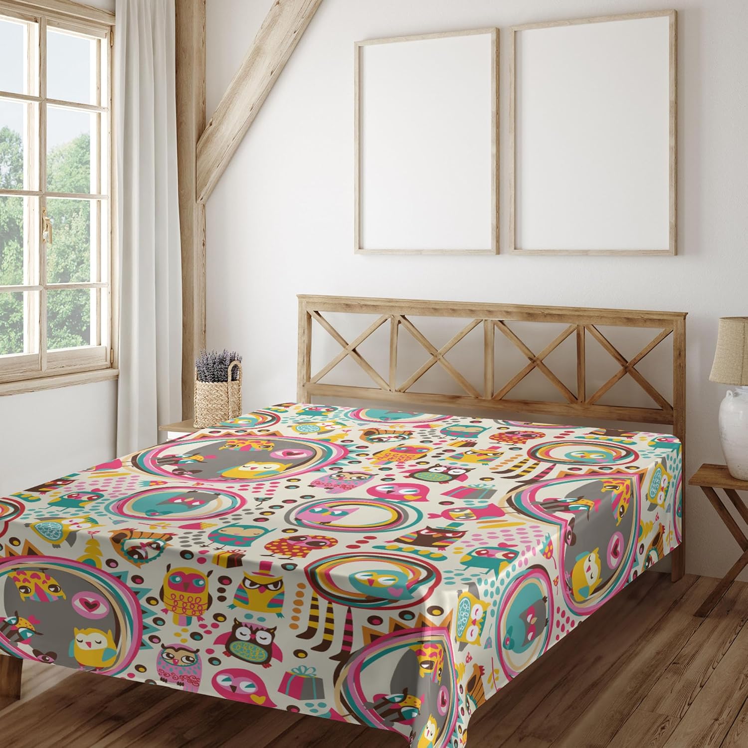 Ambesonne Owl Flat Sheet, Cartoon Style Funny Avian Animals Design with Colorful Dots and Triangles Forest Doodle, Soft Comfortable Top Sheet Decorative Bedding 1 Piece, Queen Size, Multicolor