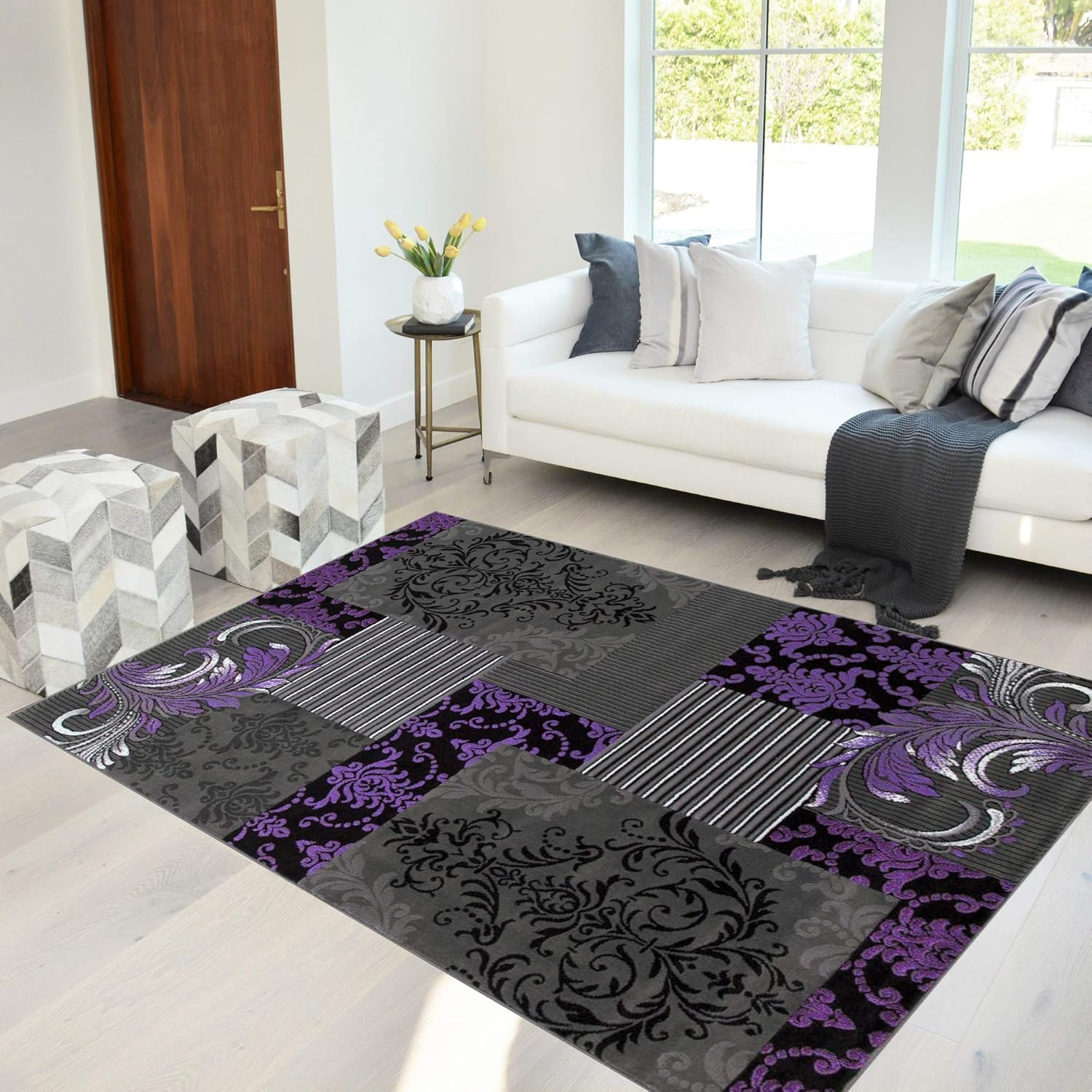 HR Premium Purple Grey Silver Black Abstract Area Rug - Modern Contemporary Floral Patchwork Geometric Design, Durable, Stylish Floor Carpet for Home Decor