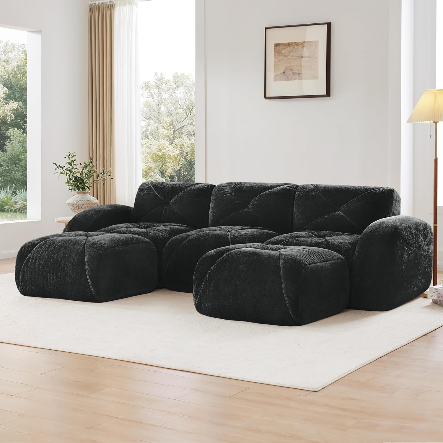 110-Inch Cloud Sectional Couches U-Shaped 5 Seat Boneless Modular Sofa with Ottomans, Velvet Tufted Upholstered Boneless Couch Floor Full Foam Sofas for Living Room
