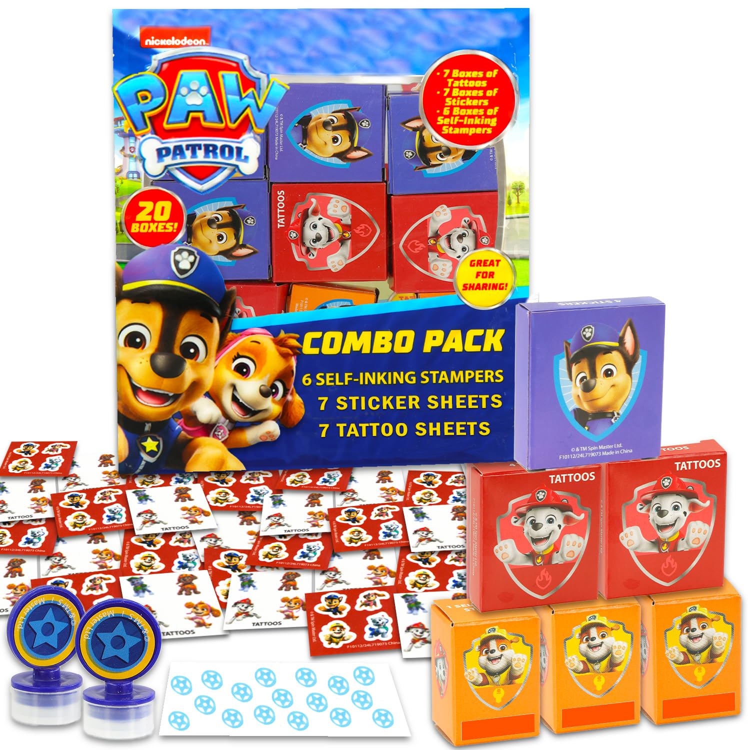 Paw Patrol Gastgeschenke für 20 Gäste, 20 Stück Paw Patrol Geschenkboxen mit Aufklebern, Tattoos und Stempeln für Kindergeburtstag, Paw Patrol Partyzubehör und Dekorationen, Kombi-Pack