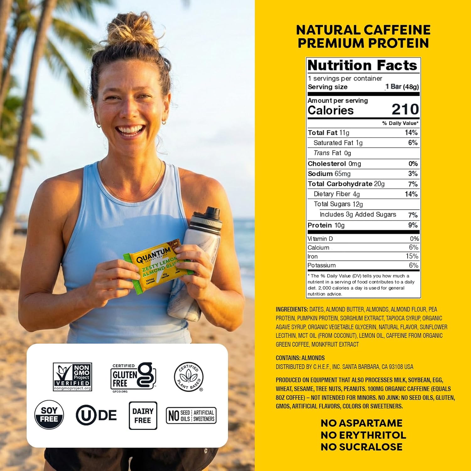 Quantum Energy Square: Energy Bar with Caffeine & 10g Protein. Delicious Healthy Snack On The Go. (Vegan, Gluten-free, Soy-free, Dairy-free) (Zesty Lemon Almond Bliss)