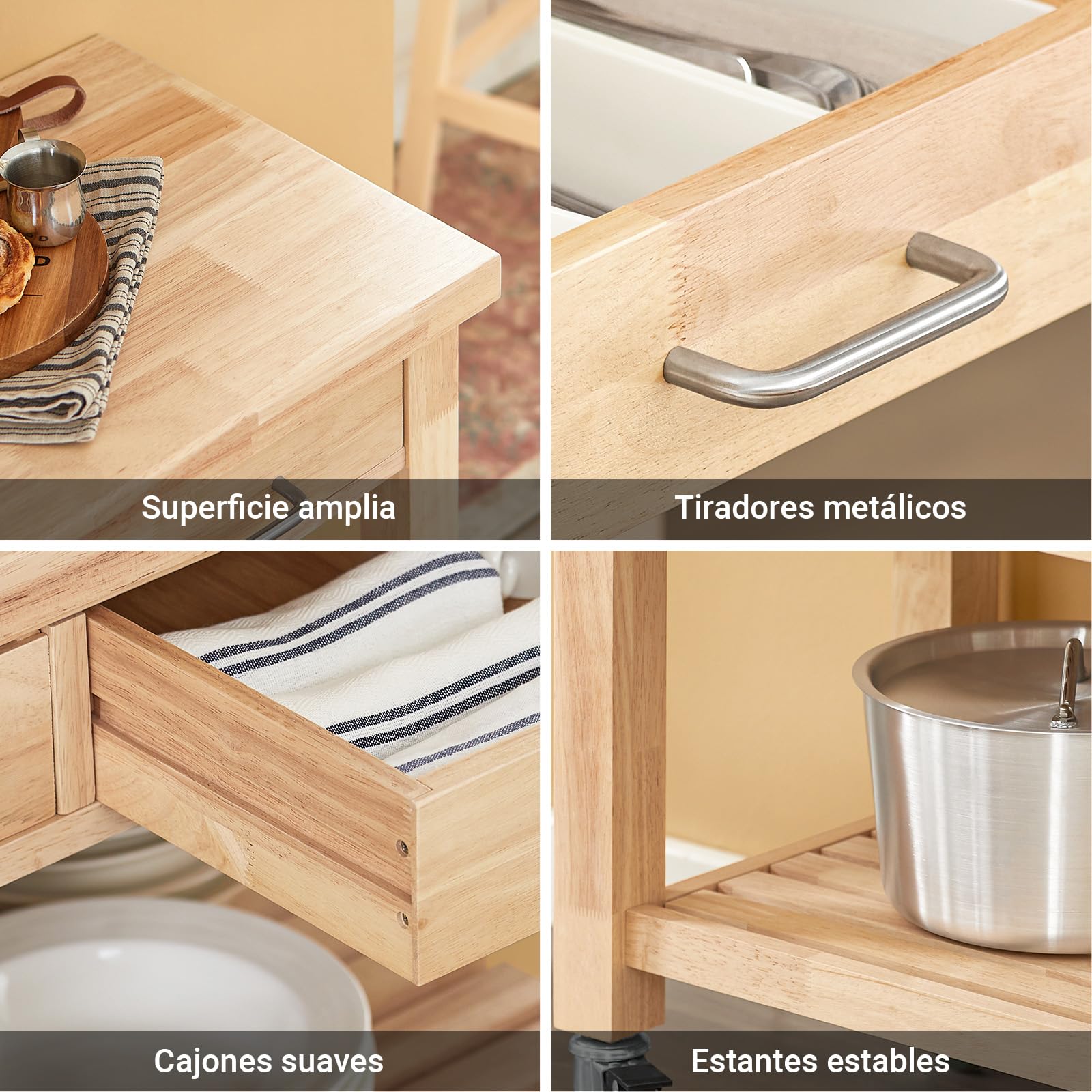 SoBuy Carro de Cocina con Ruedas y Estantería – Mueble Auxiliar de Cocina de Madera Isla Cocina Natural 80 x 40 x 90 cm FKW24-II-N
