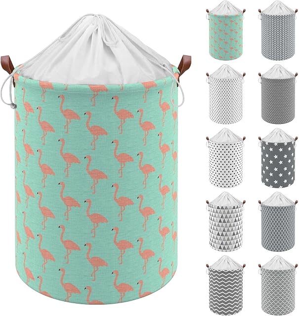 Vinsani 19.7 Freestanding Laundry Basket Storage Sorter with Drawstring Lid, Collapsible Thick Canvas Hamper Basket for Clothes, Toys, Blankets, Towels & Other Bathroom and Bedroom Use  Flamingo