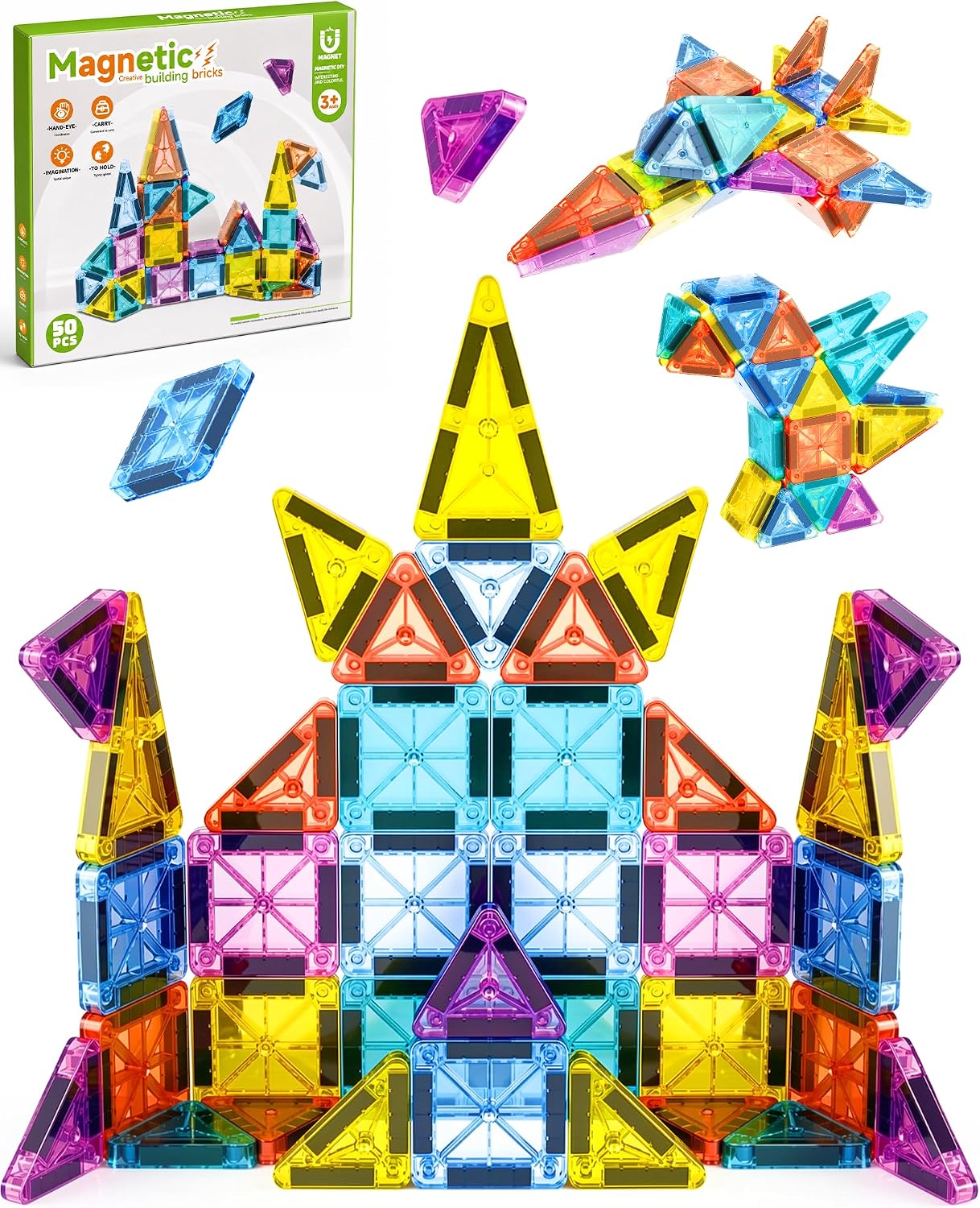 50 Piece Magnetic Tiles for Kids, STEM Toys Building Set, Age 3+