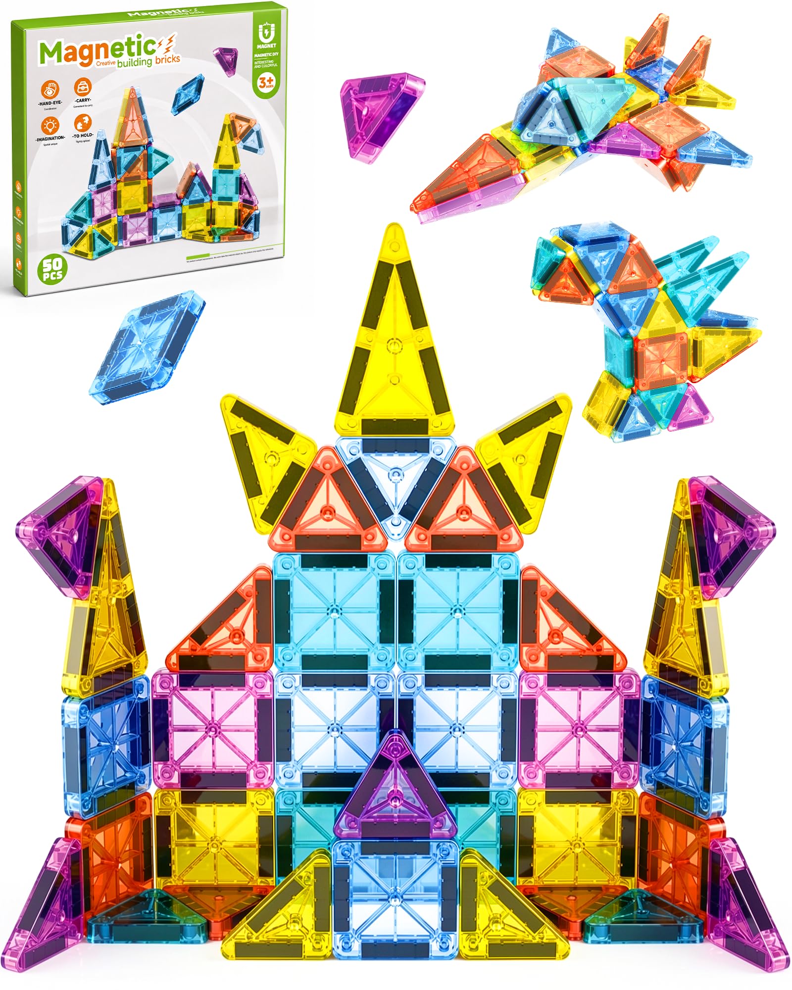 50 Piece Magnetic Tiles for Kids, STEM Toys Building Set, Age 3+ | Mini Magnetic Building Toys, Construction Magnetic Tiles Building Block, Ideal Gift for Boys Girls for Christmas Birthday