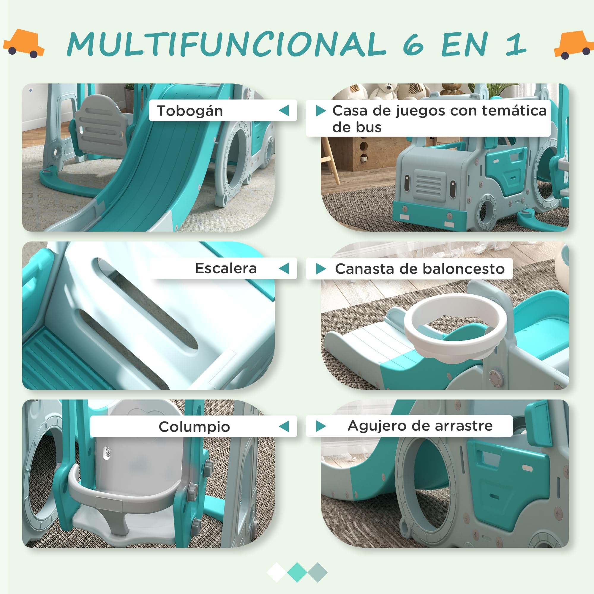 AIYAPLAY Juego de Tobogán y Columpio para Niños 6 en 1 Parque Infantil Tobogán para Bebés de 18-48 Meses con Volante Bocina y Baloncesto Carga 50 kg 201x151x87,5 cm Azul Claro