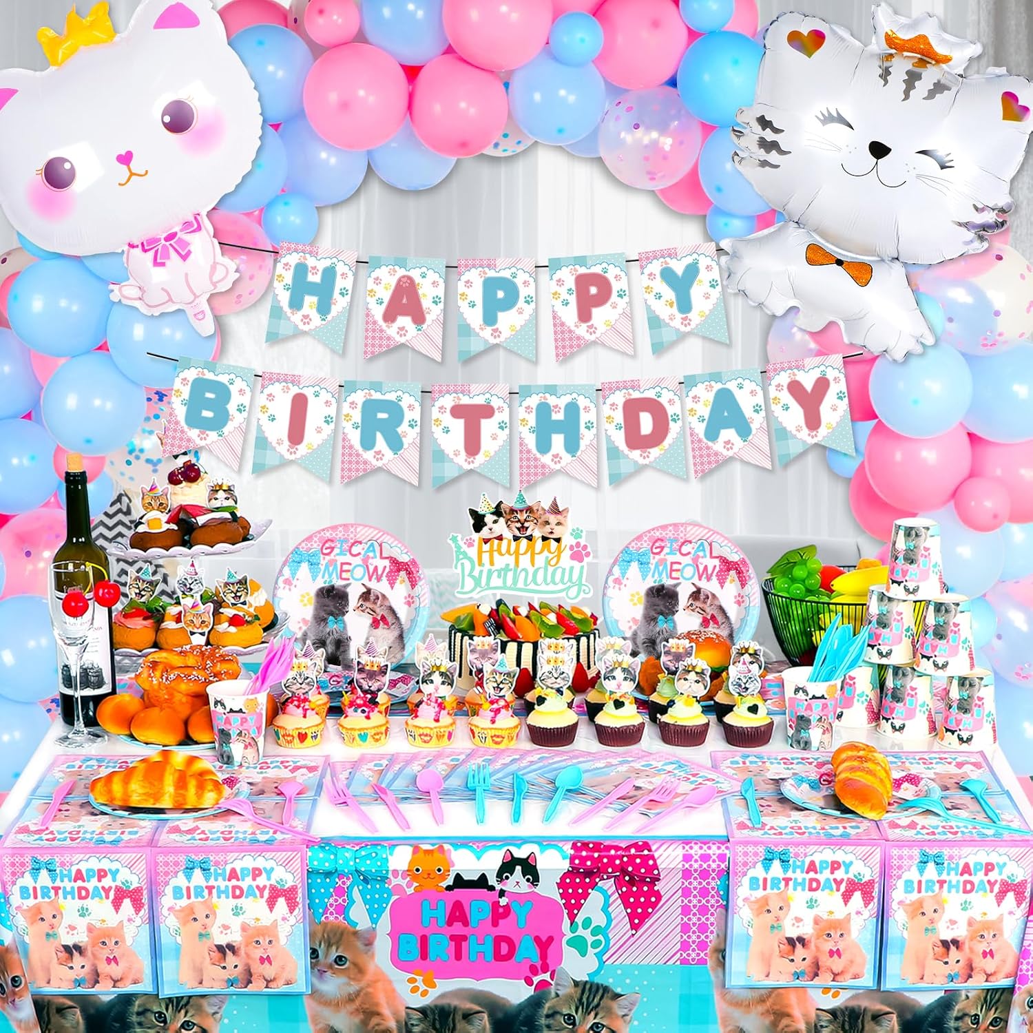 183 PCS Cat Birthday Party Decorations, Cat Themed Party Decorations Includes Balloons, Backdrop, Happy Birthday Banner, Tablecloth, Plates, Cups, Napkins, Cake Toppers for Girls Boys - Image 3