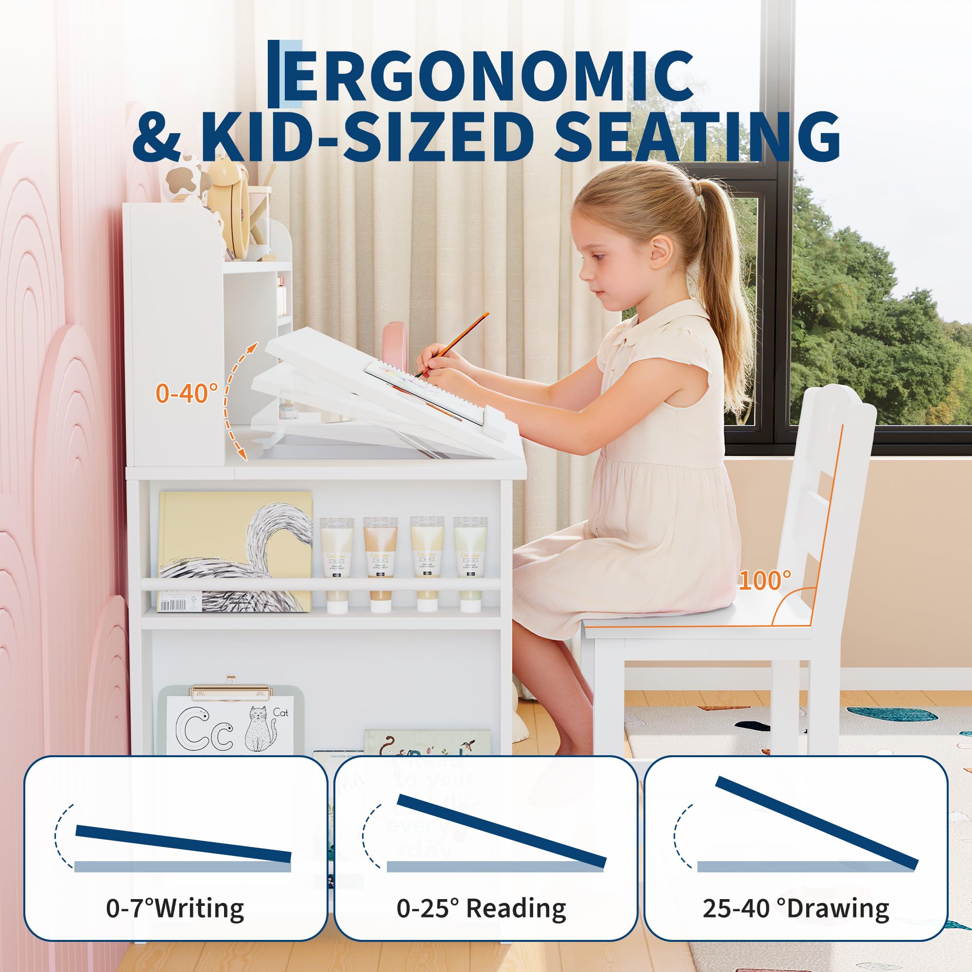 Kinderschreibtisch Set, Schülerschreibtisch Mit Stuhl, Neigbarer Tischplatte, Bücherständer, Schrank & Pinnwand, Ergonomischer Jugendschreibtisch Für 3-12 Jahre Kinder, Weiß