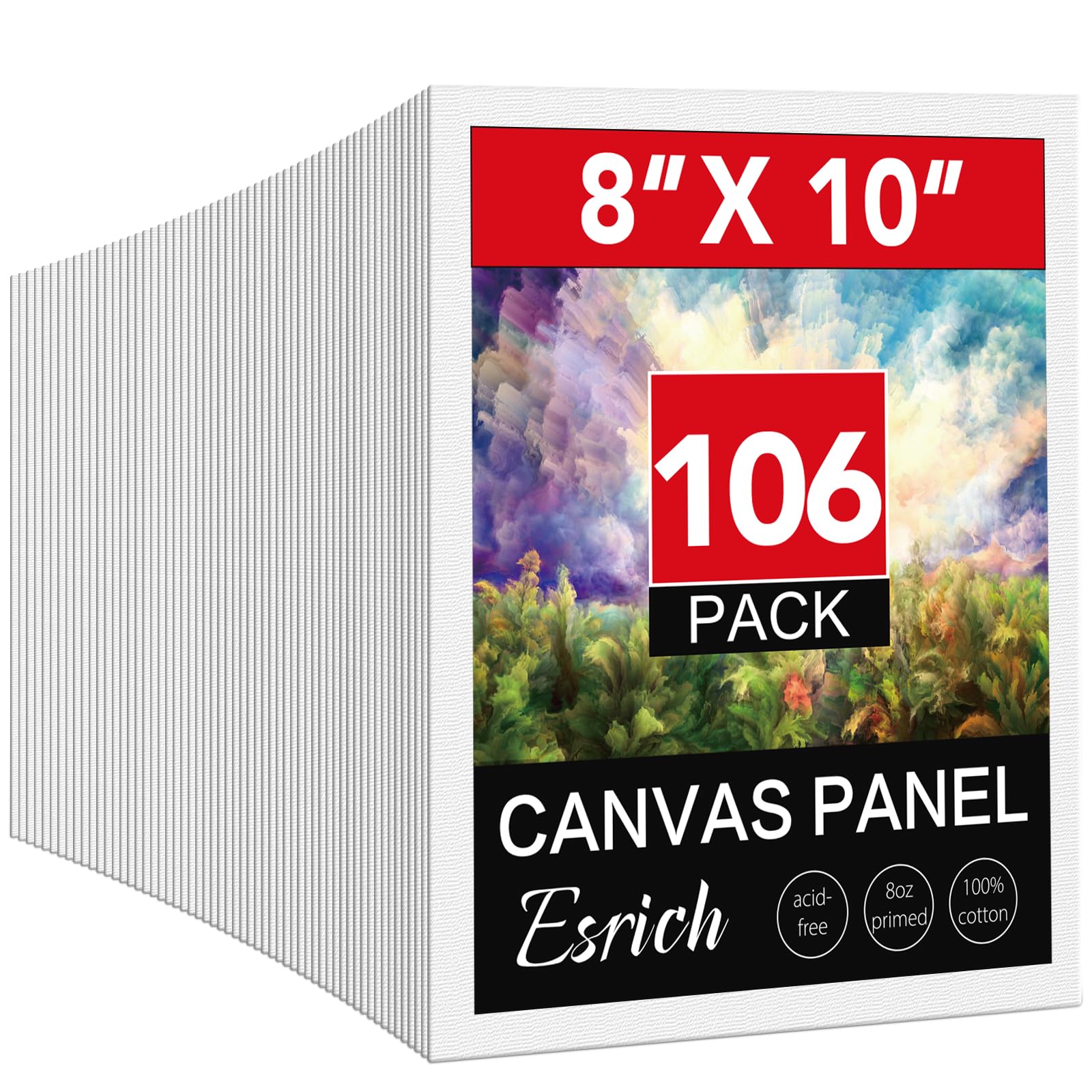 ESRICH 8x10 Canvas for Painting, 8x10 Inch Value Pack of 106, Canvas Boards for Painting, Painting Canvas for Adult & Kids-Cotton Primed Blank Canvas Panels for Oil, Watercolor, Acrylic, Tempera.