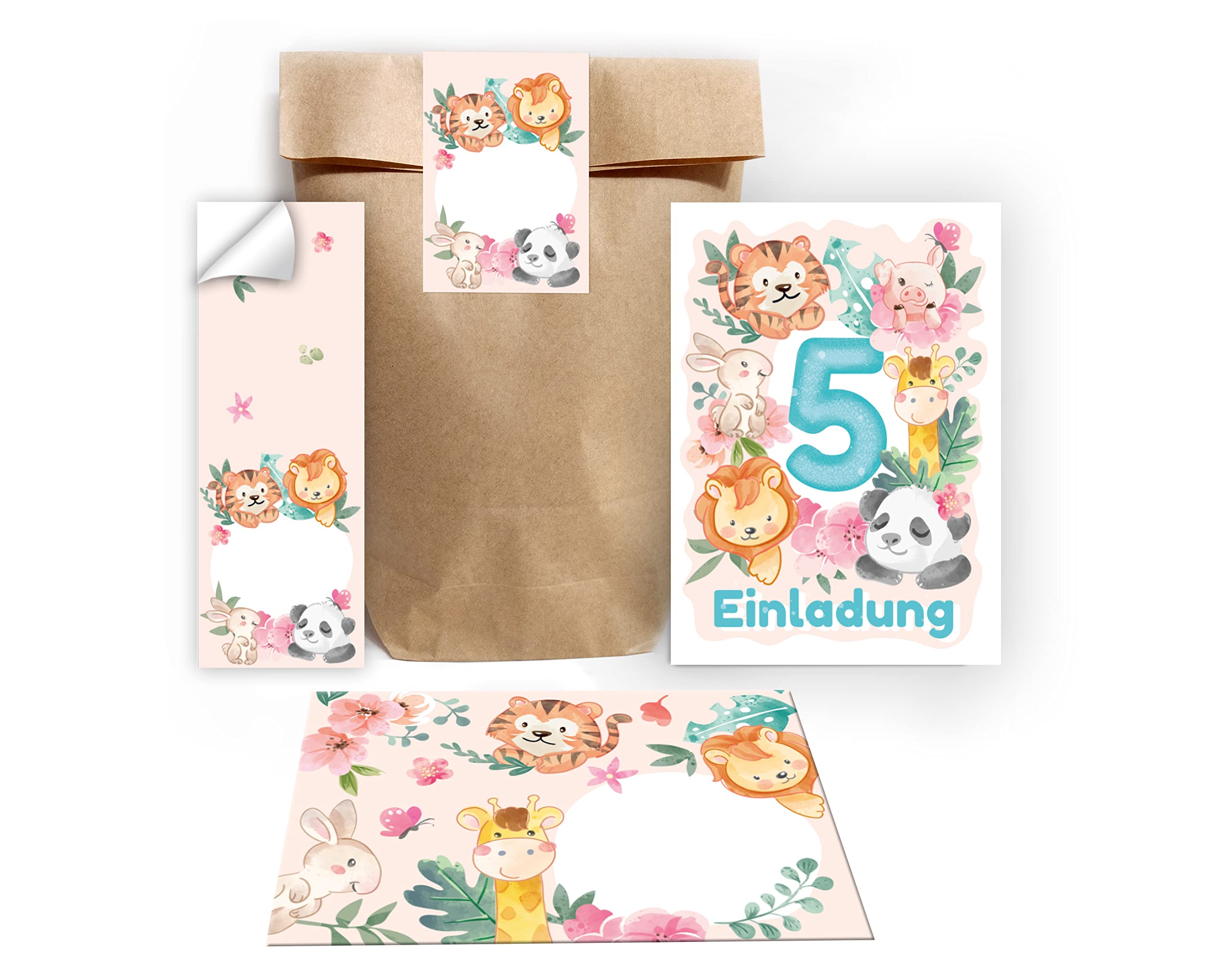 Minkocards 12 biglietti d'invito per il quinto compleanno dei bambini, 5° compleanno, ragazza Lama incl. 12 buste, 12 sacchetti per feste, colore naturale, 12 adesivi